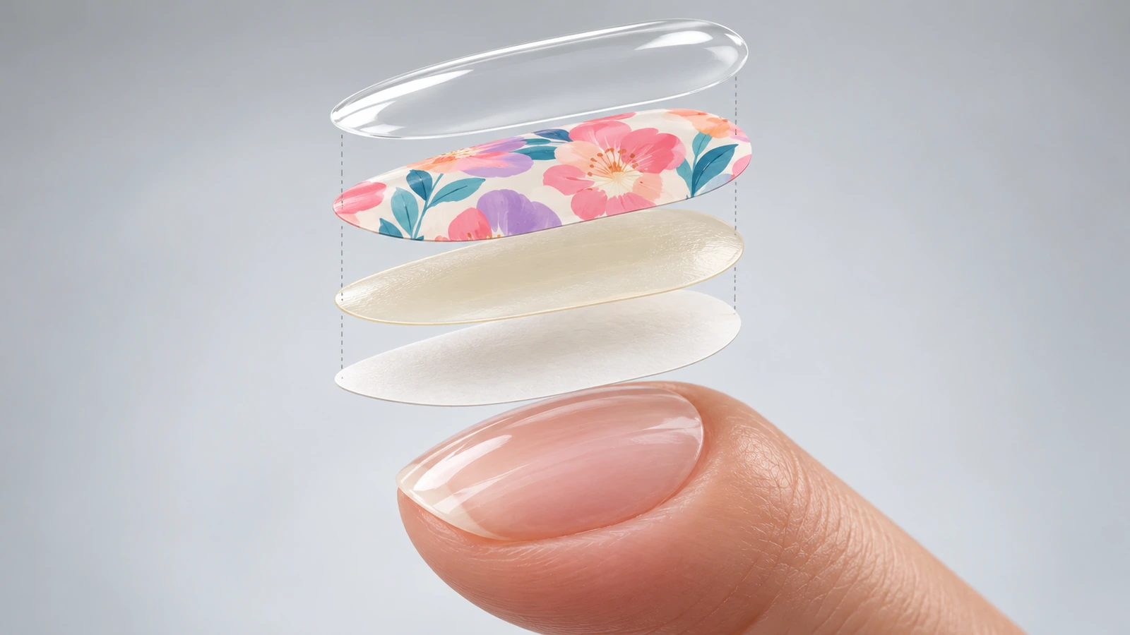 Vista desarticulada de una lámina para uñas que muestra la película superior, la capa de color impresa, la capa adhesiva y el papel protector como hojas separadas apiladas