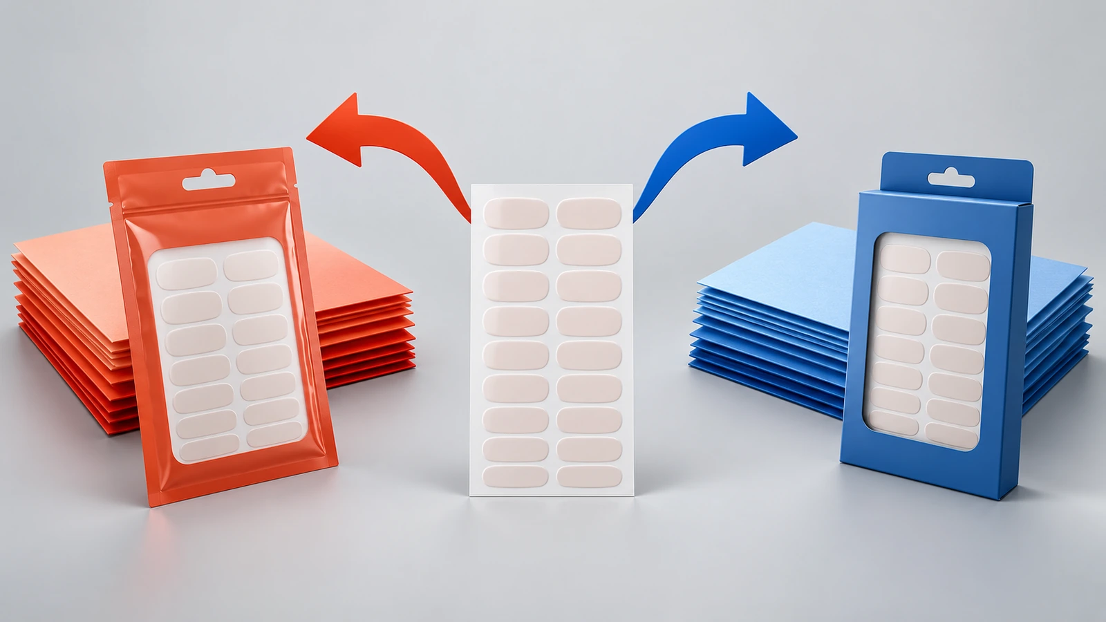 Dos pilas de documentos de colores diferentes conectadas con flechas a dos envases separados de láminas para uñas, que representan rutas de cumplimiento separadas para EE. UU. y la UE