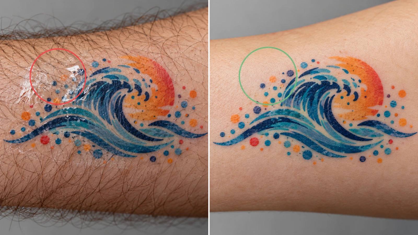 Vista macro dividida que compara un tatuaje temporal levantado, con diminutas burbujas de aire sobre el vello del brazo a la izquierda, con un tatuaje liso y totalmente adherido sobre piel sin vello a la derecha