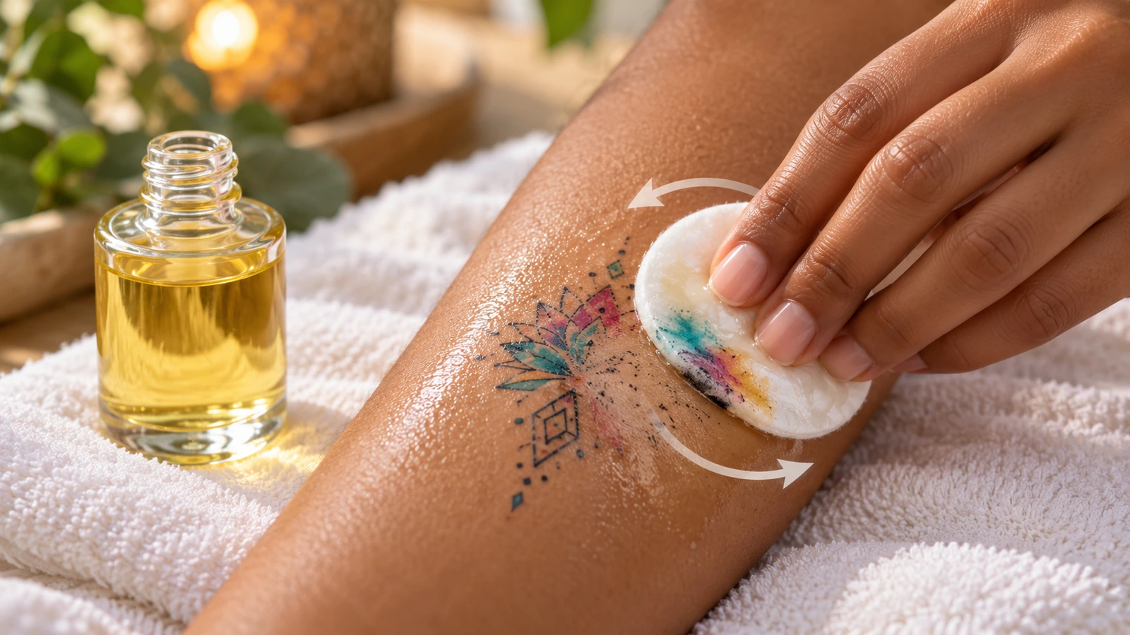 Primer plano de un disco de algodón empapado en aceite transparente que retira un tatuaje temporal desvanecido de un antebrazo, con suaves flechas circulares que muestran el movimiento de limpieza
