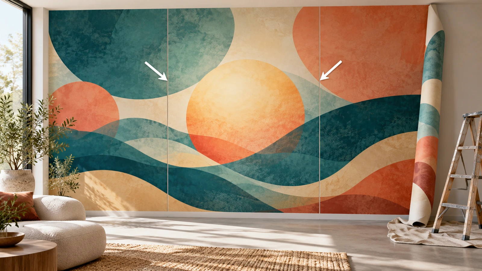 Gran mural abstracto de color de marca mostrado como paneles verticales en una pared de recepción, con flechas que marcan dónde caen las uniones alejándose de la forma central destacada