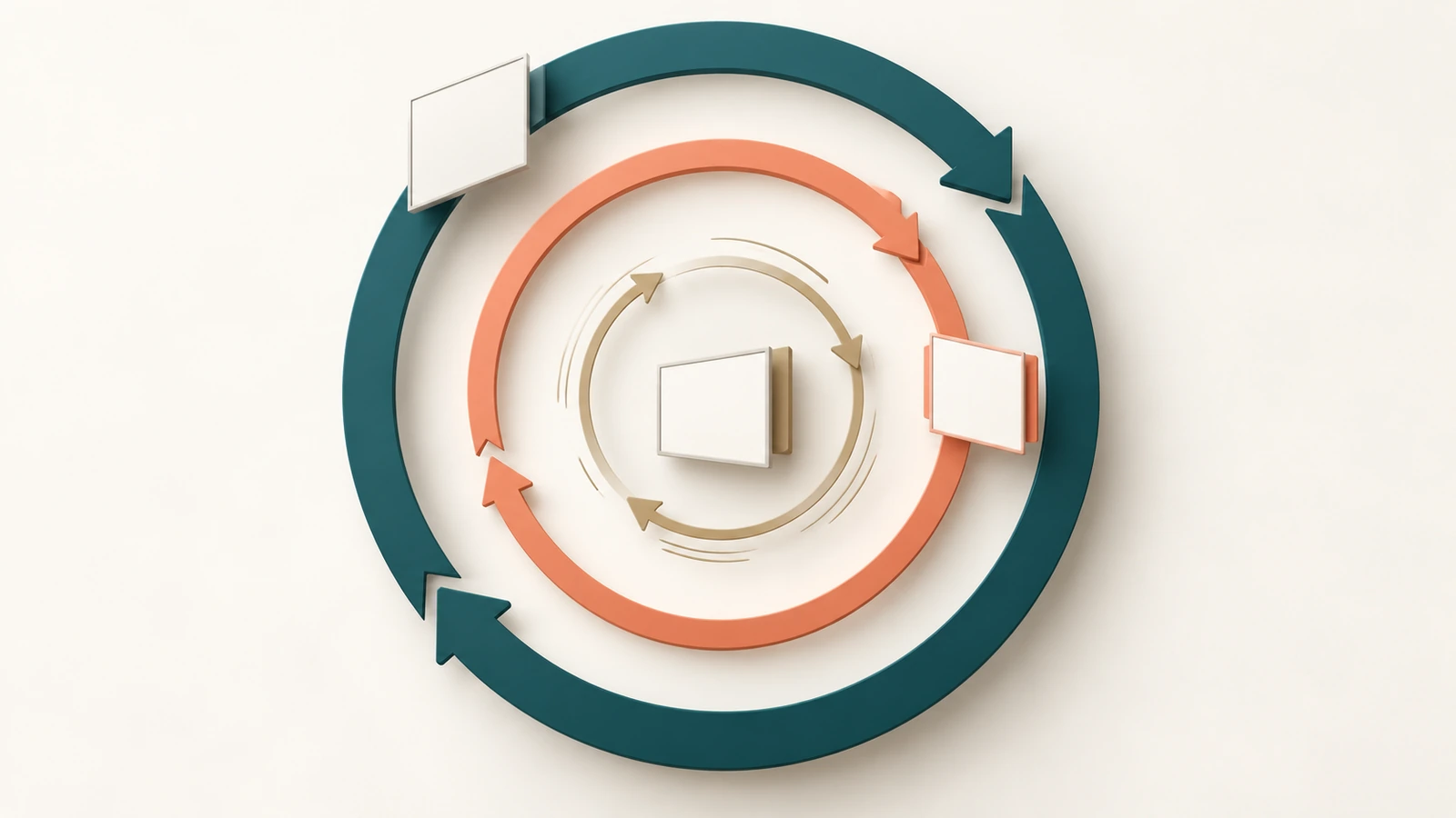 Tres flechas circulares concéntricas en distintos colores de marca que representan ciclos de renovación lentos, medios y rápidos para gráficos de pared de identidad, campaña y evento