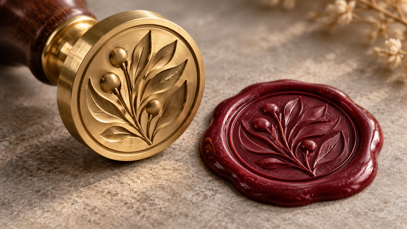 Vista macro de la cara de un sello de lacre personalizado de latón grabado, junto a una impresión en lacre burdeos que muestra el mismo emblema botánico invertido