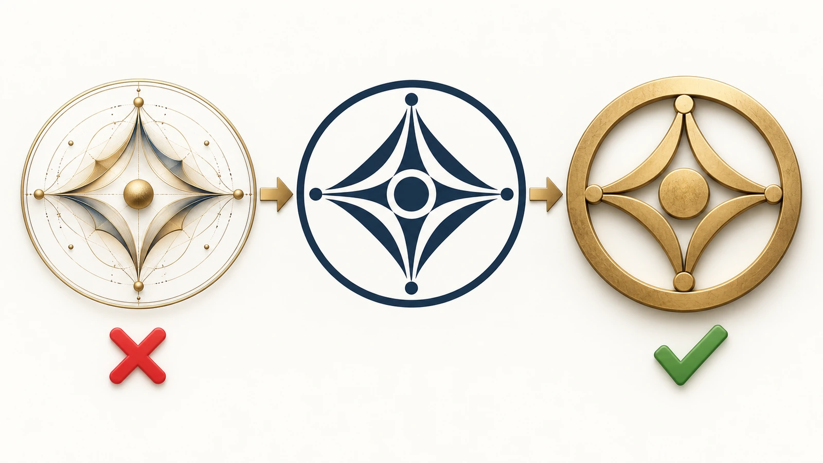 Diagrama de tres etapas que muestra un emblema intrincado simplificado en formas sólidas y contundentes con espacios abiertos, conectado por flechas y listo para el grabado de la matriz de sello de lacre
