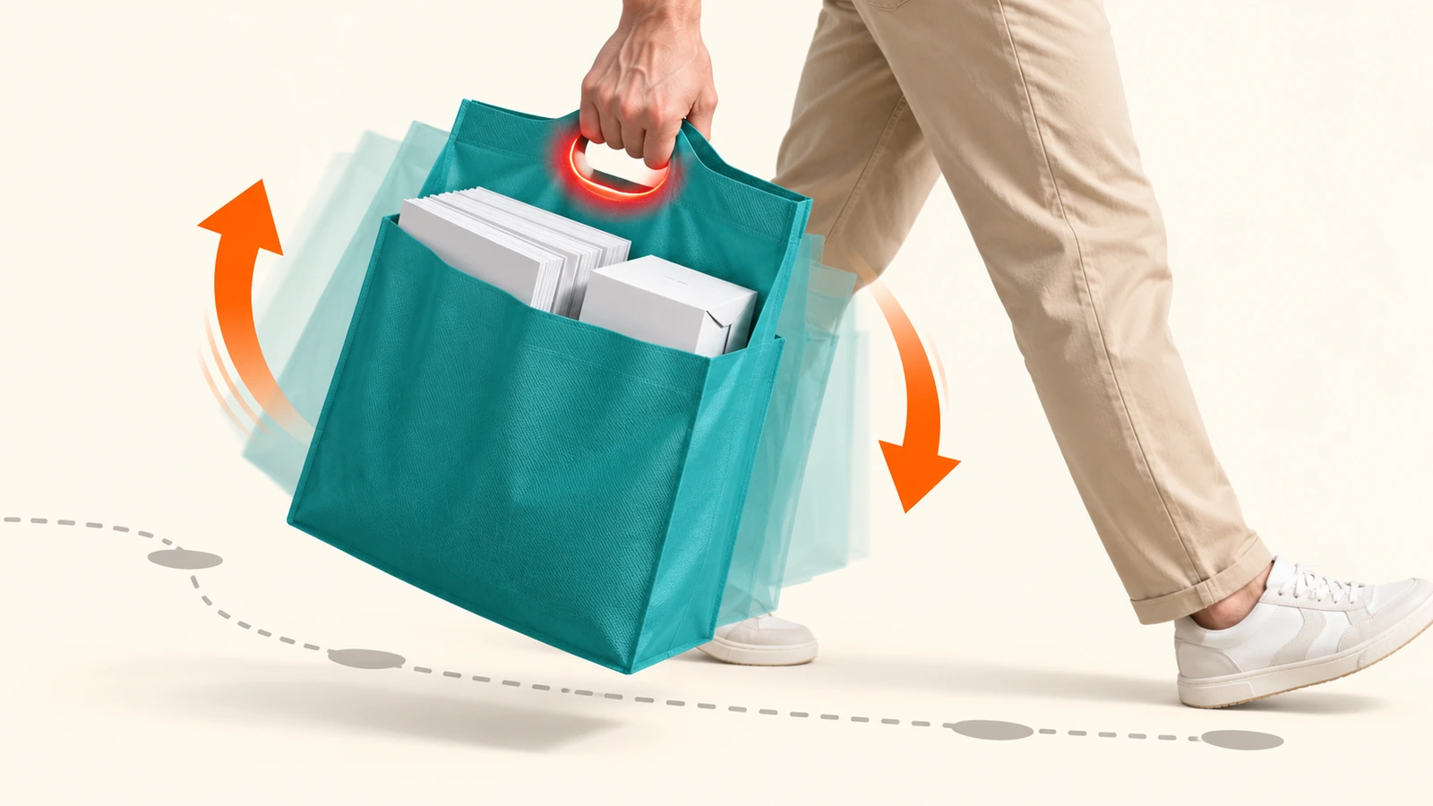 Mano levantando una bolsa plana no tejida llena, con asa troquelada, y flechas curvas que muestran las fuerzas de elevación y balanceo concentradas en el borde del asa