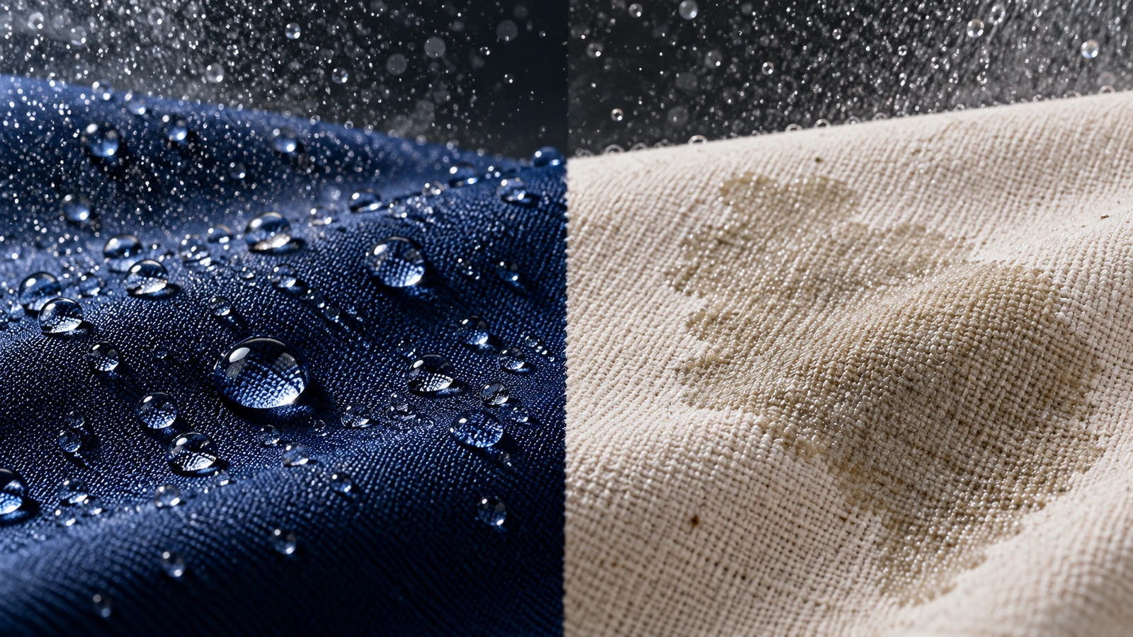 Gotas de agua que resbalan sobre una tela sintética lisa, junto a agua que se absorbe en una lona de algodón tejida