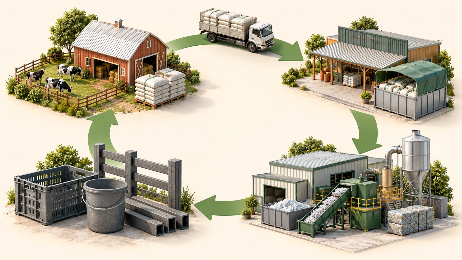 Diagrama del circuito de devolución que muestra una granja, un contenedor de recogida en el distribuidor, una planta de reciclaje y nuevos productos conectados por flechas