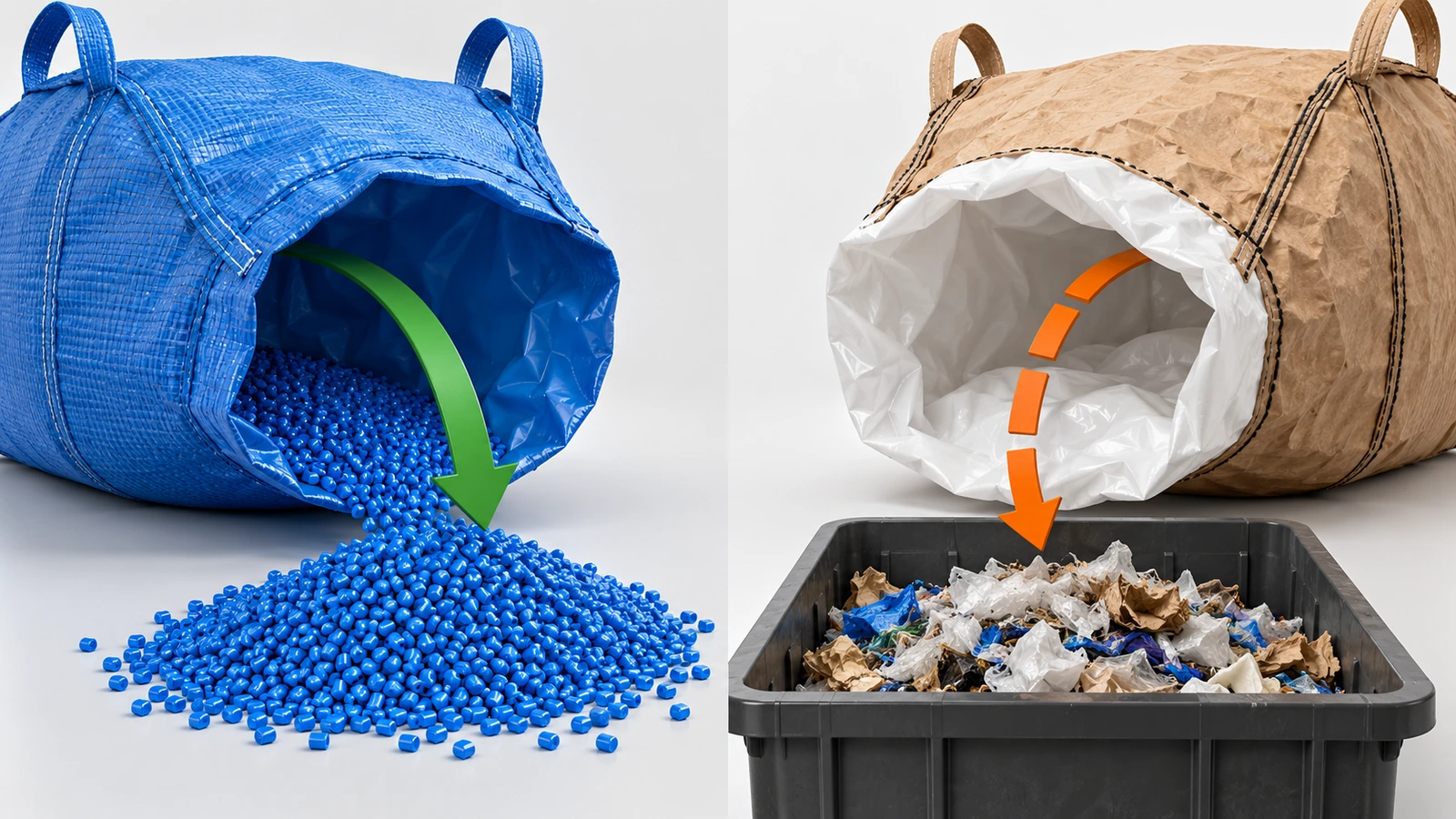 Comparación lado a lado de un saco monomaterial tejido de un solo color y un saco de material mixto multicolor, con flechas que muestran una ruta hacia una pila de pellets y la otra hacia un contenedor de rechazo