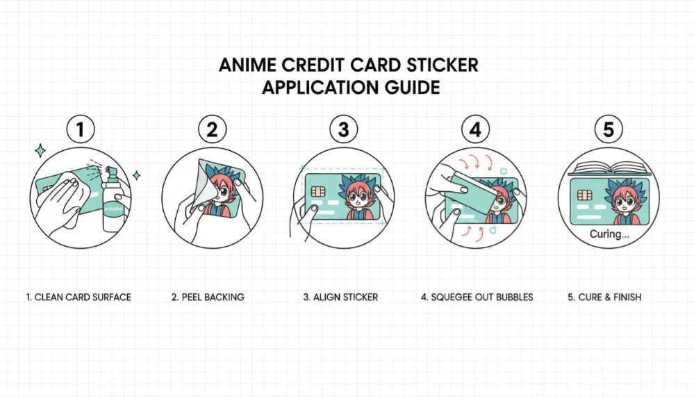 Visual workflow showing five stages of anime credit card sticker application