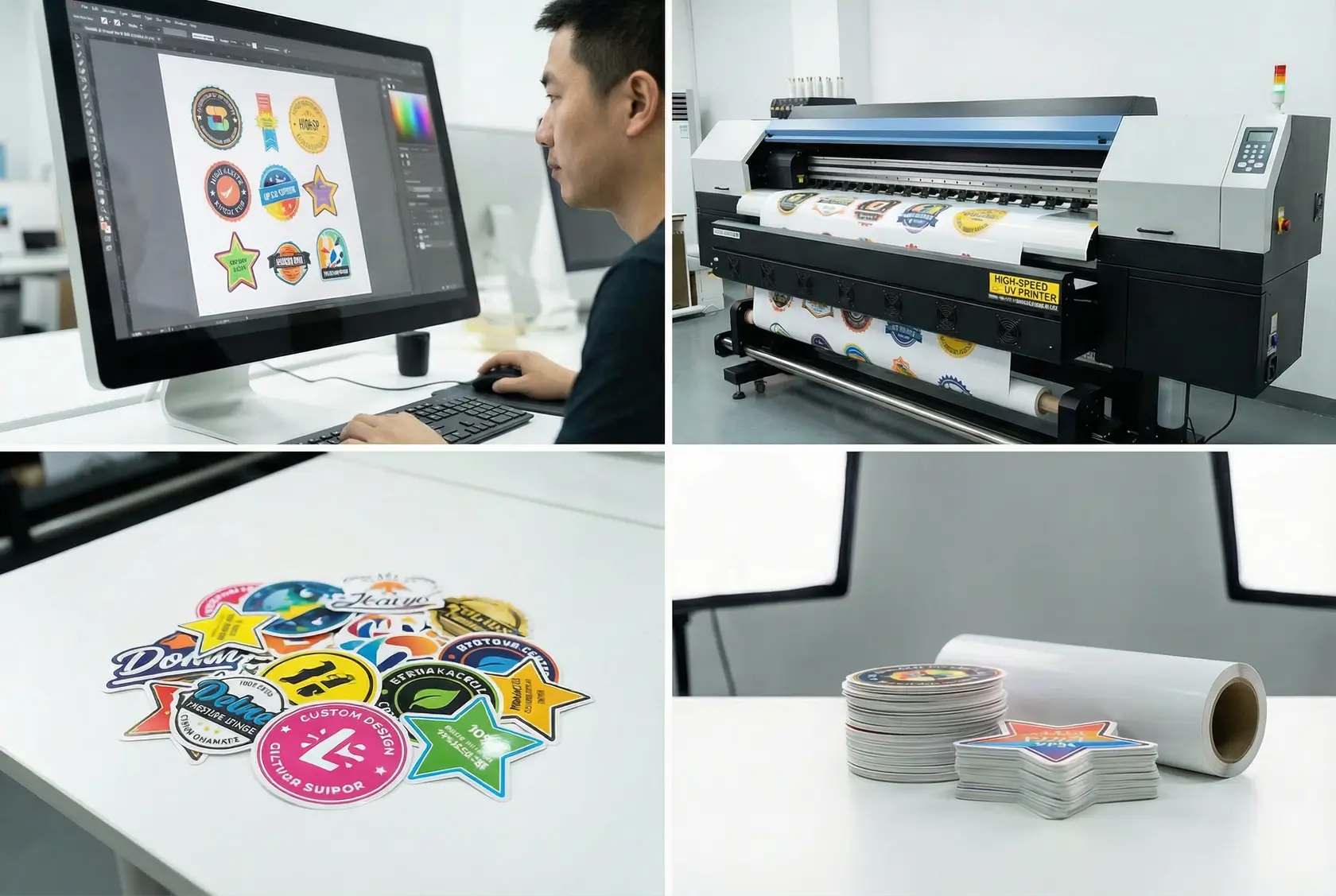 Guía completa de servicios de impresión de calcomanías personalizadas para artistas y negocios Proceso de impresión de calcomanías personalizadas mostrando transformación de diseño digital a calcomanía de vinilo terminada