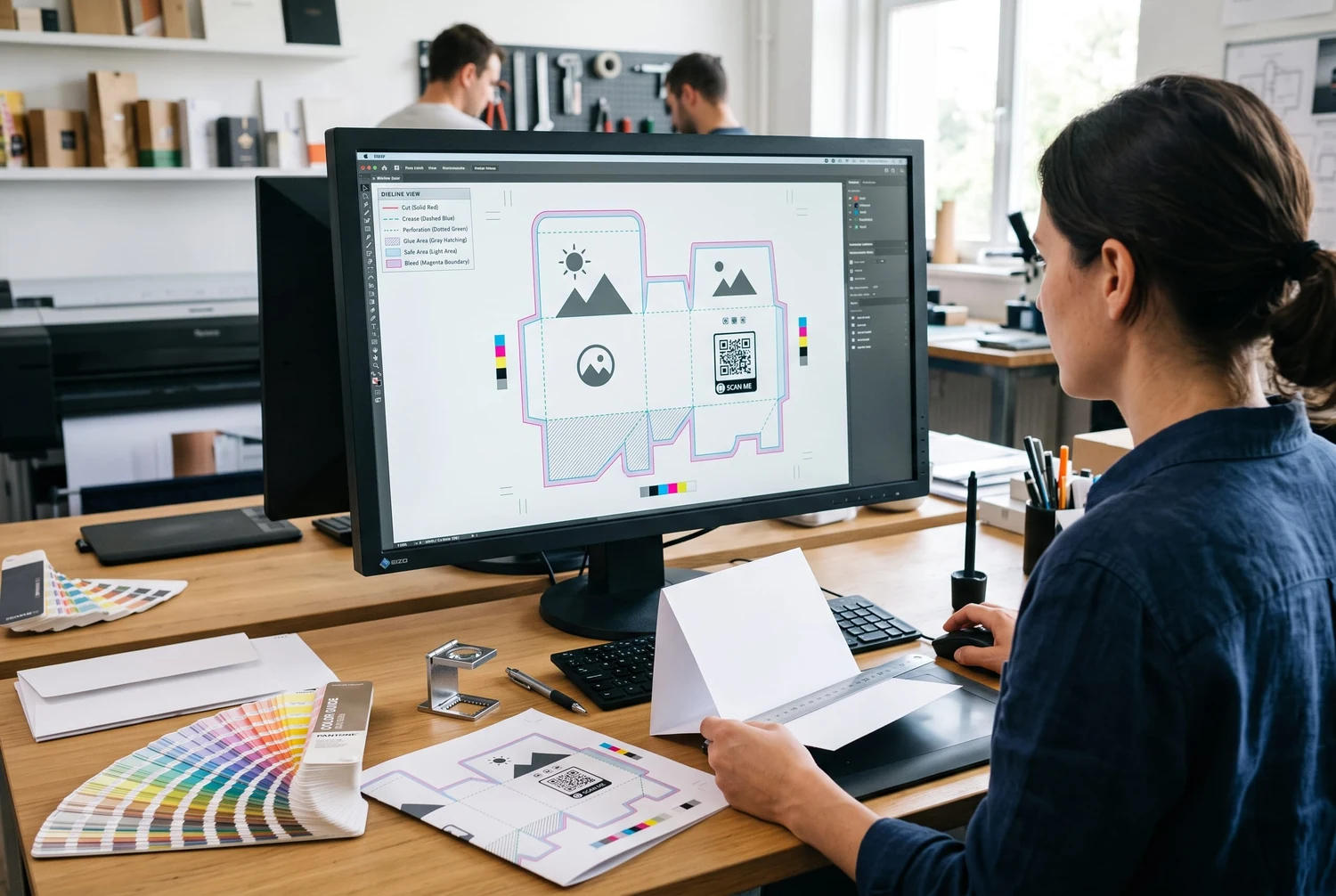 Comprobación previa del diseño gráfico de producción para el trazado de troquel de un expositor de mostrador personalizado Diseñador de embalajes realizando la comprobación previa del trazado de troquel de un expositor de mostrador, incluido sangrado, hendido, cola, color, fuentes y códigos QR