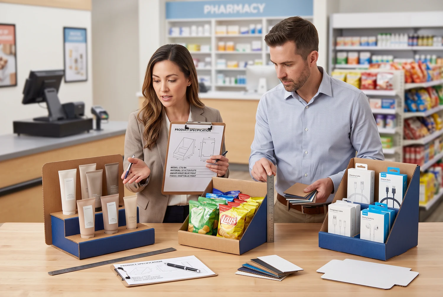 Compra de cajas expositoras de mostrador y escenarios de aplicación minorista Comprador de embalajes revisando cajas expositoras de mostrador personalizadas para cosméticos, aperitivos y accesorios en entornos minoristas