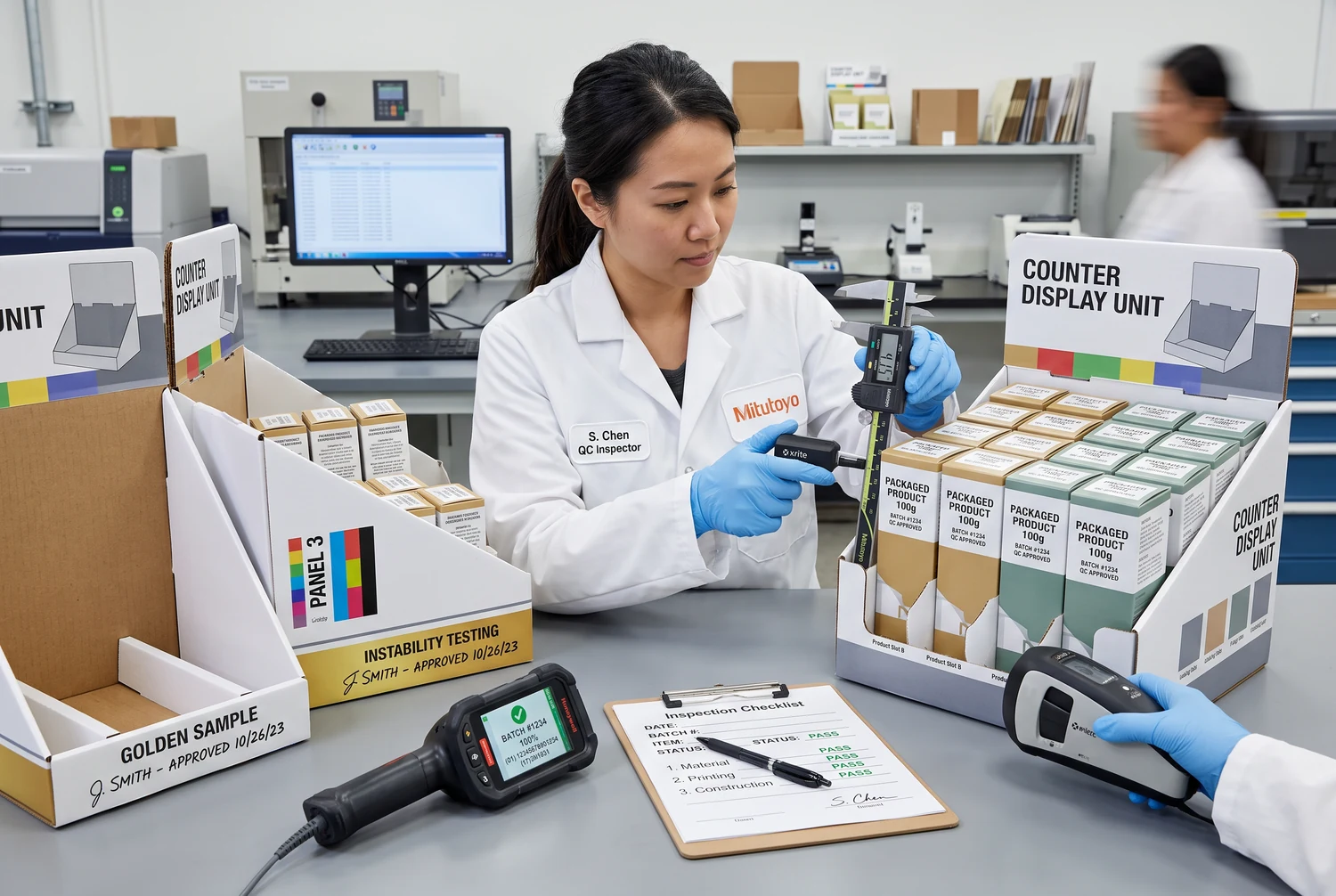 Inspección dimensional, de impresión, montaje y carga de un expositor de mostrador Inspector de calidad midiendo un expositor de mostrador impreso y comprobando el color, los cierres, el ajuste del producto y la estabilidad con carga