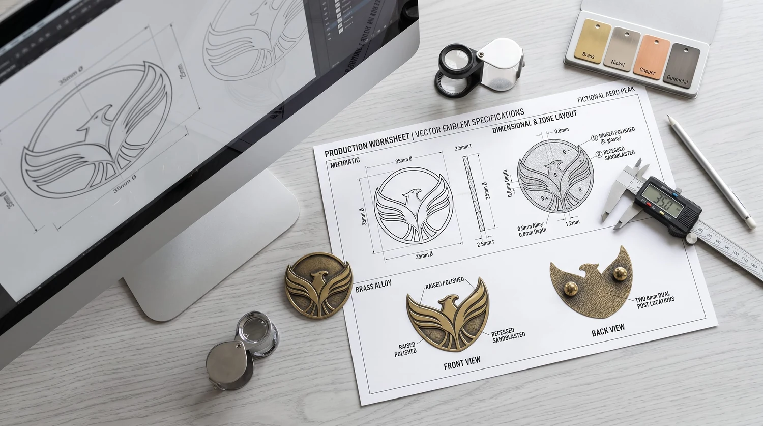 Revisión preliminar del arte vectorial de un pin personalizado acuñado con matriz, con dimensiones, zonas de relieve, indicaciones de recubrimiento y posiciones de los postes