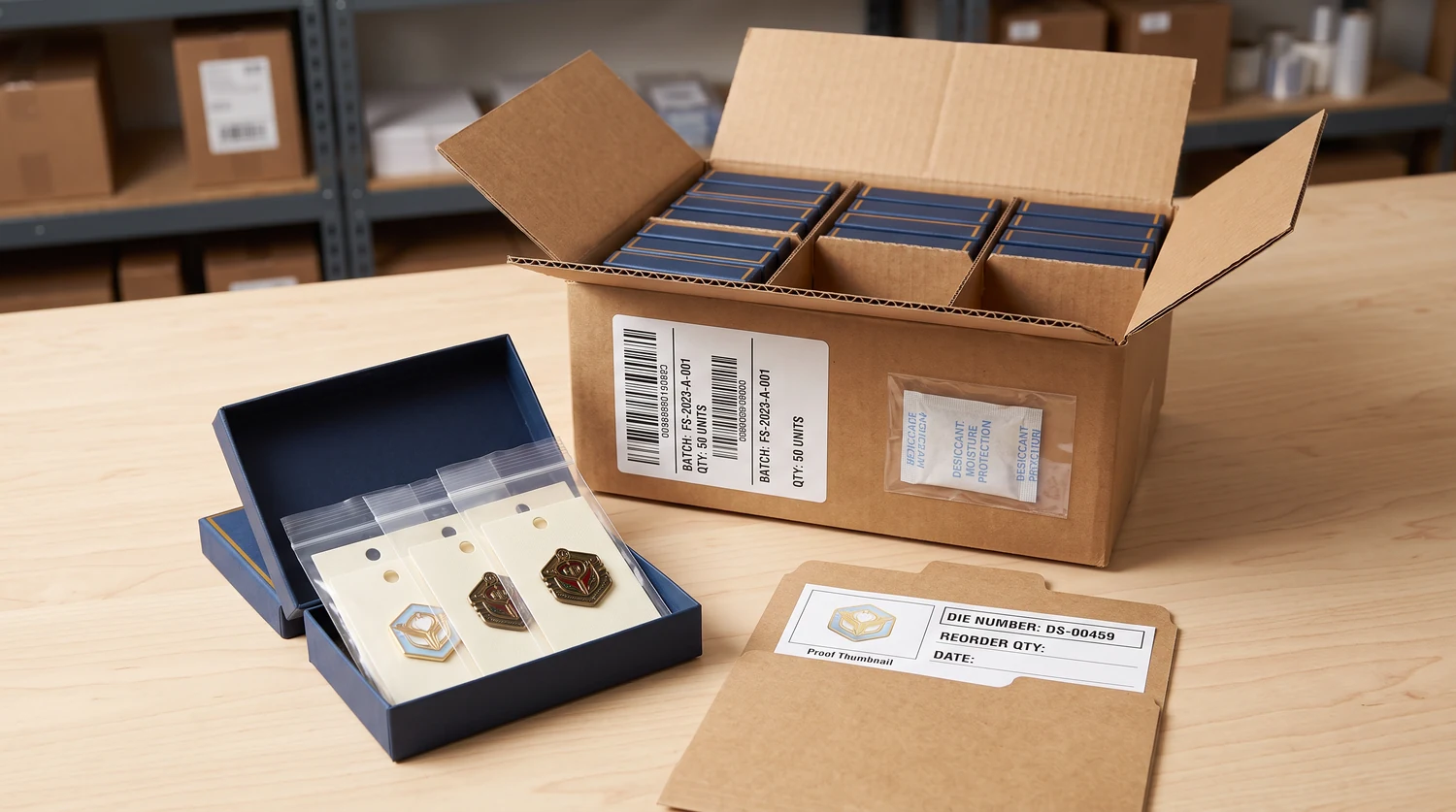 Caja de presentación abierta con pines, una caja de cartón con cajas azules y una carpeta de producto etiquetada