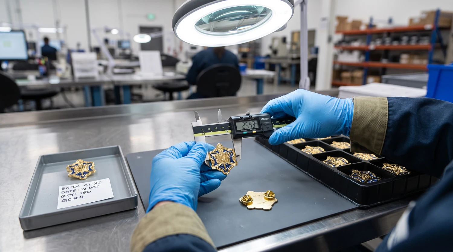 Trabajador con guantes azules midiendo un pin de color dorado con un calibre digital bajo una lámpara de aumento