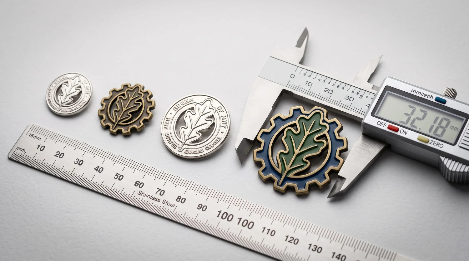 Diseños de pines metálicos con forma de hoja y engranaje en distintos tamaños, junto a una regla y un calibre digital