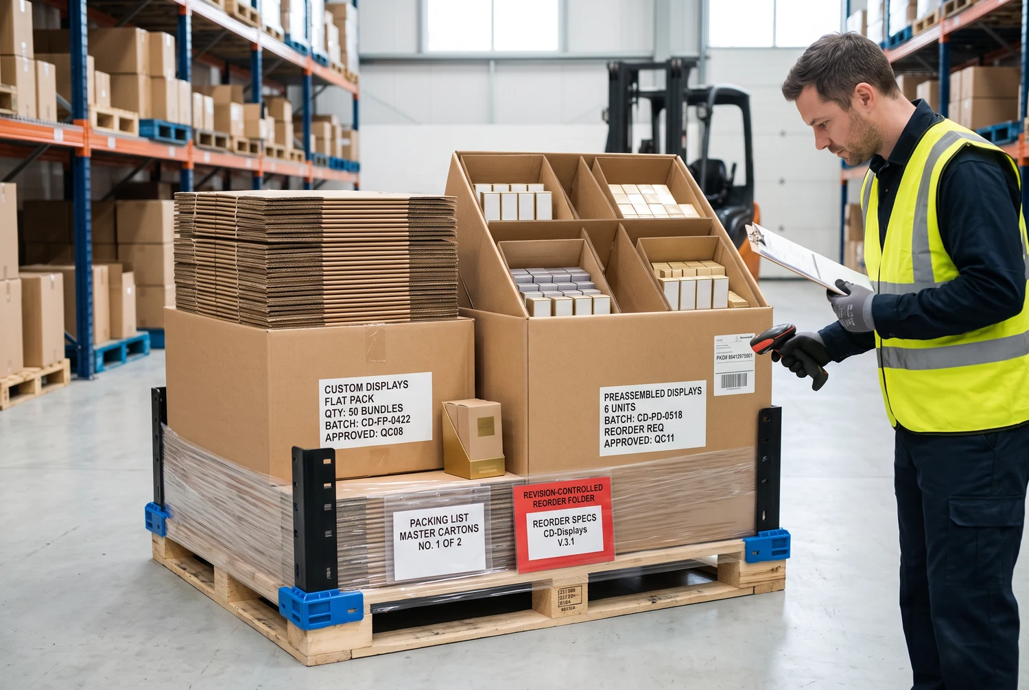 Embalaje, transporte, trazabilidad de lotes y repetición de pedidos de expositores de mostrador Expositores de mostrador embalados en plano y premontados, preparados para un transporte protegido con registros de reposición y etiquetas de lote
