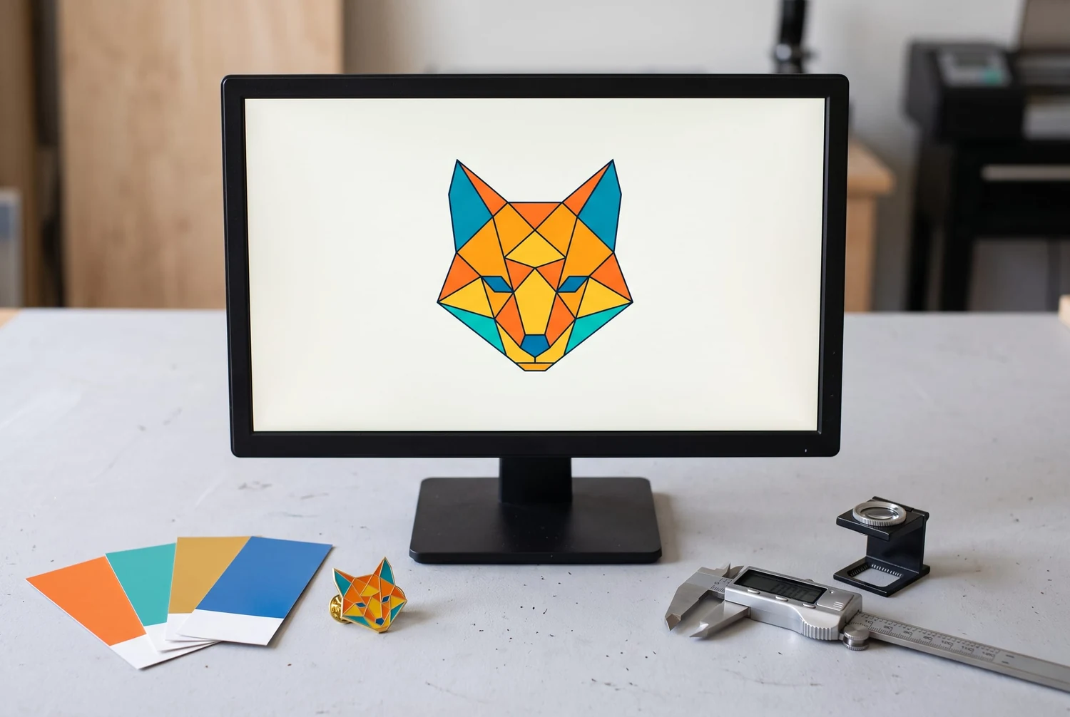 Arte geométrico de zorro en un monitor con muestras de color, un pin a juego y herramientas de medición sobre el escritorio