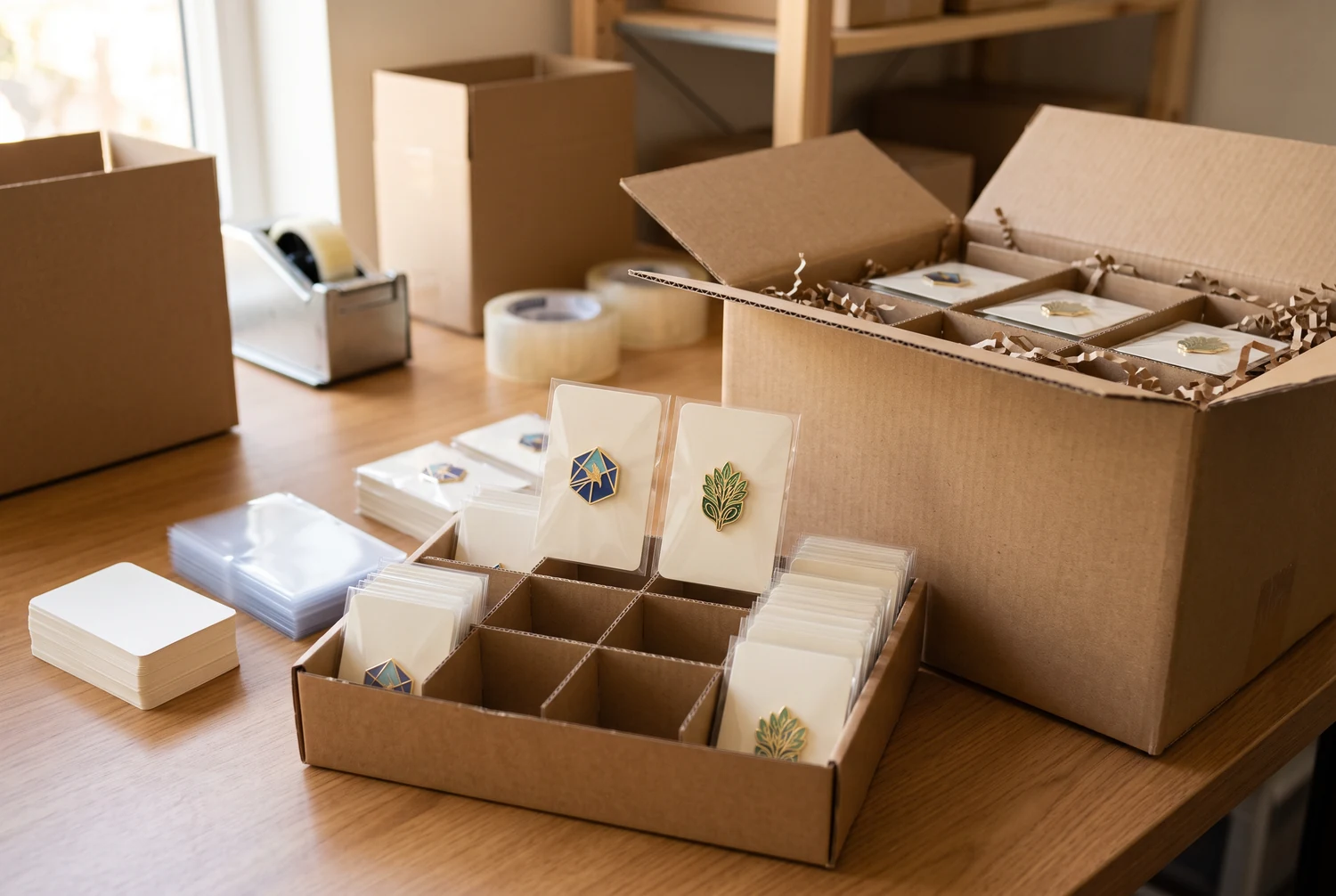 Pines de esmalte personalizados embalados en tarjetas de soporte para envío, recepción de inventario, revisión de ventas y planificación de nuevos pedidos