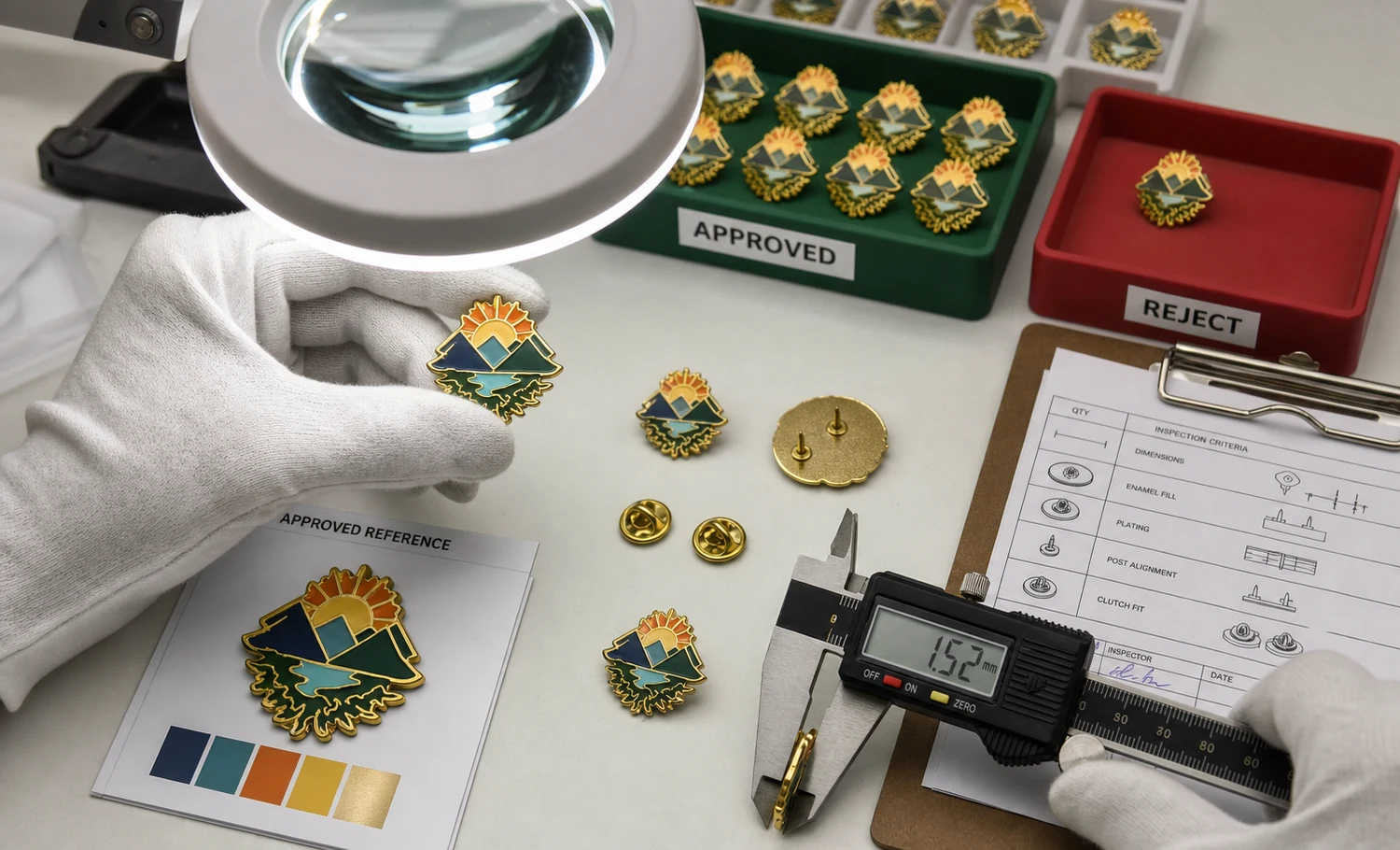 Inspector de calidad revisando el relleno de esmalte, el chapado, las dimensiones, los postes y los cierres bajo iluminación controlada