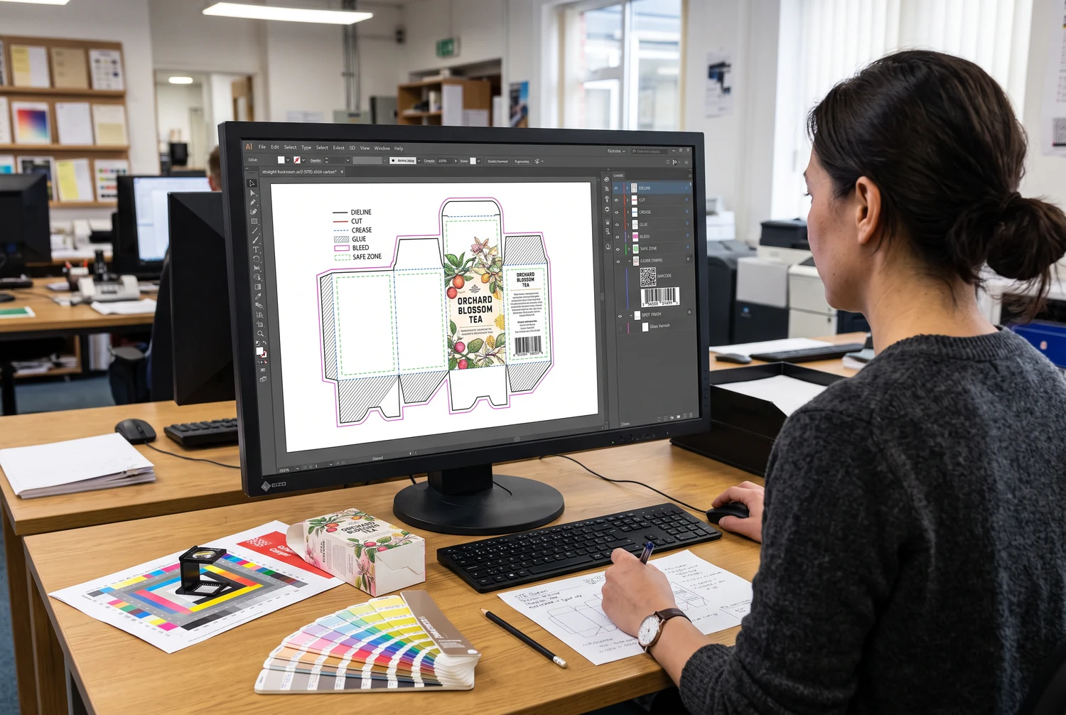 Diseñador revisando el plano de troquel impreso de una caja en un monitor, junto a muestrarios de color