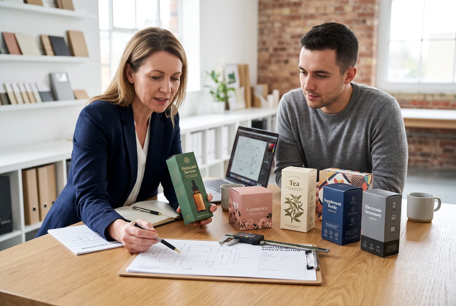 Equipo de compras revisando aplicaciones de cajas personalizadas de solapas rectas para cosméticos, alimentos, suplementos y electrónica