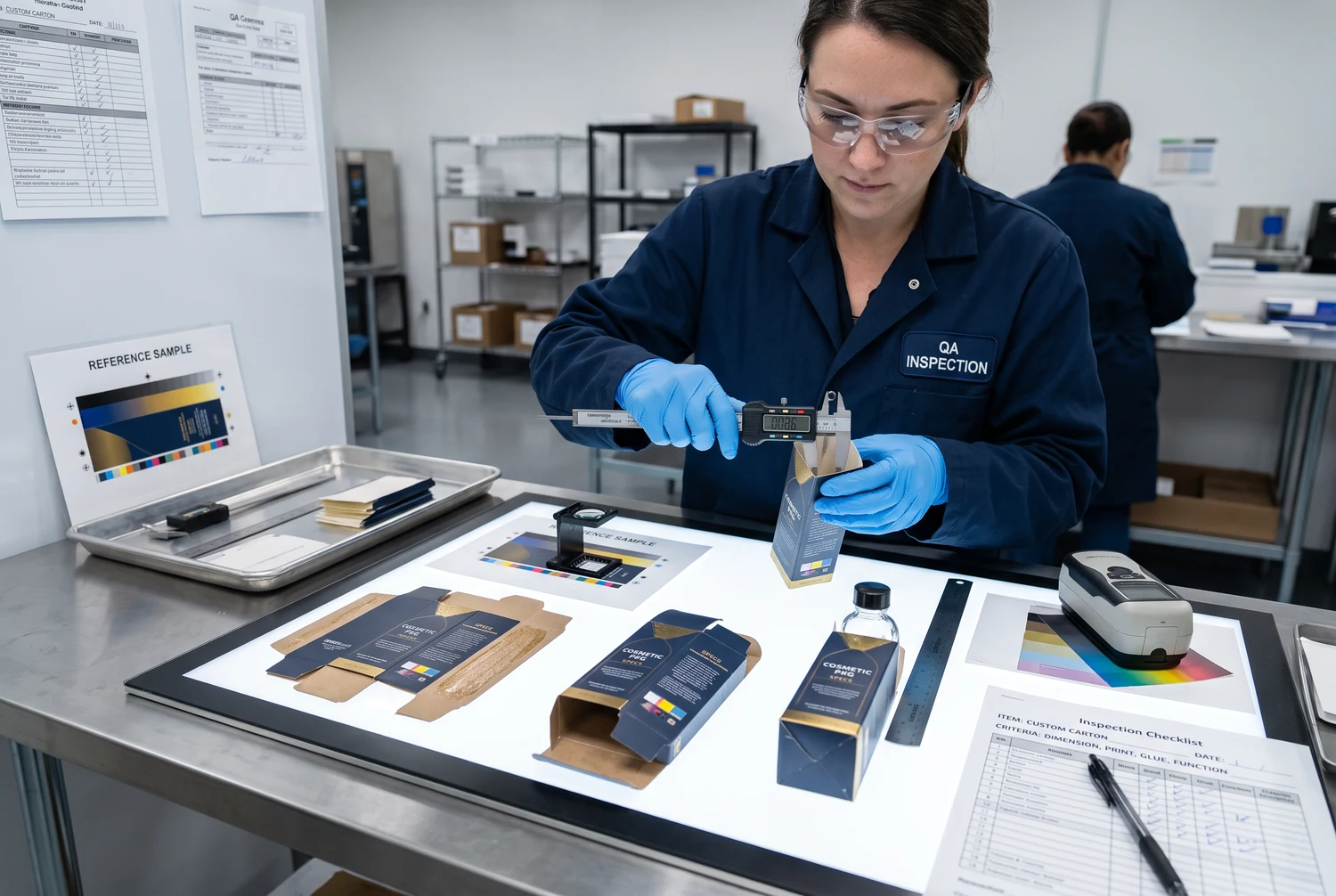 Inspector con guantes midiendo una caja con un calibre digital, junto a muestras impresas y una placa de referencia