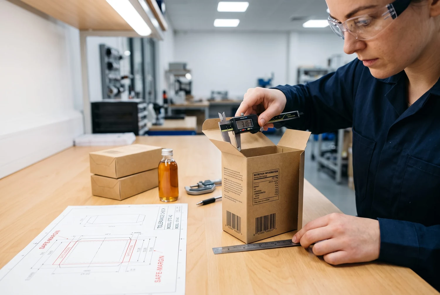 Ingeniero de embalaje midiendo el ajuste del producto y comprobando la legibilidad del código de barras y la etiqueta en un estuche de solapas rectas