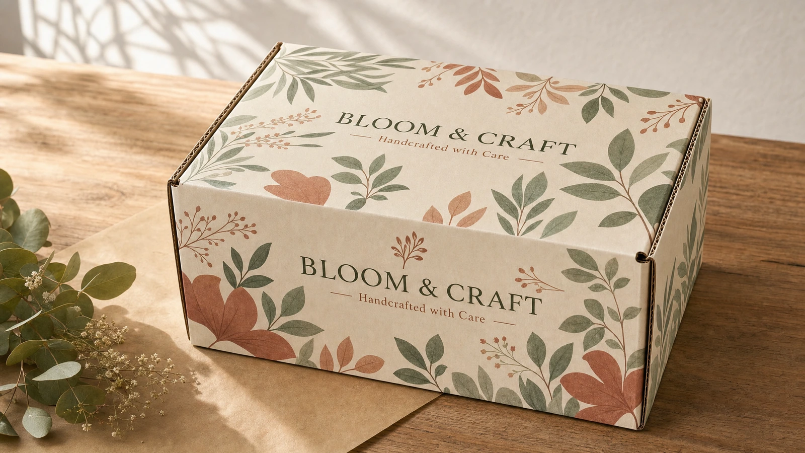Caja de envío cerrada con estampado botánico sobre papel kraft, junto a tallos con hojas