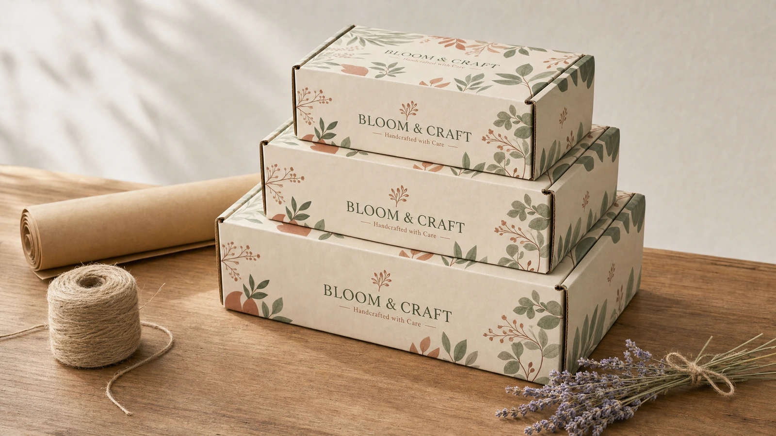 Tres cajas de envío con estampado botánico apiladas junto a papel y cordel
