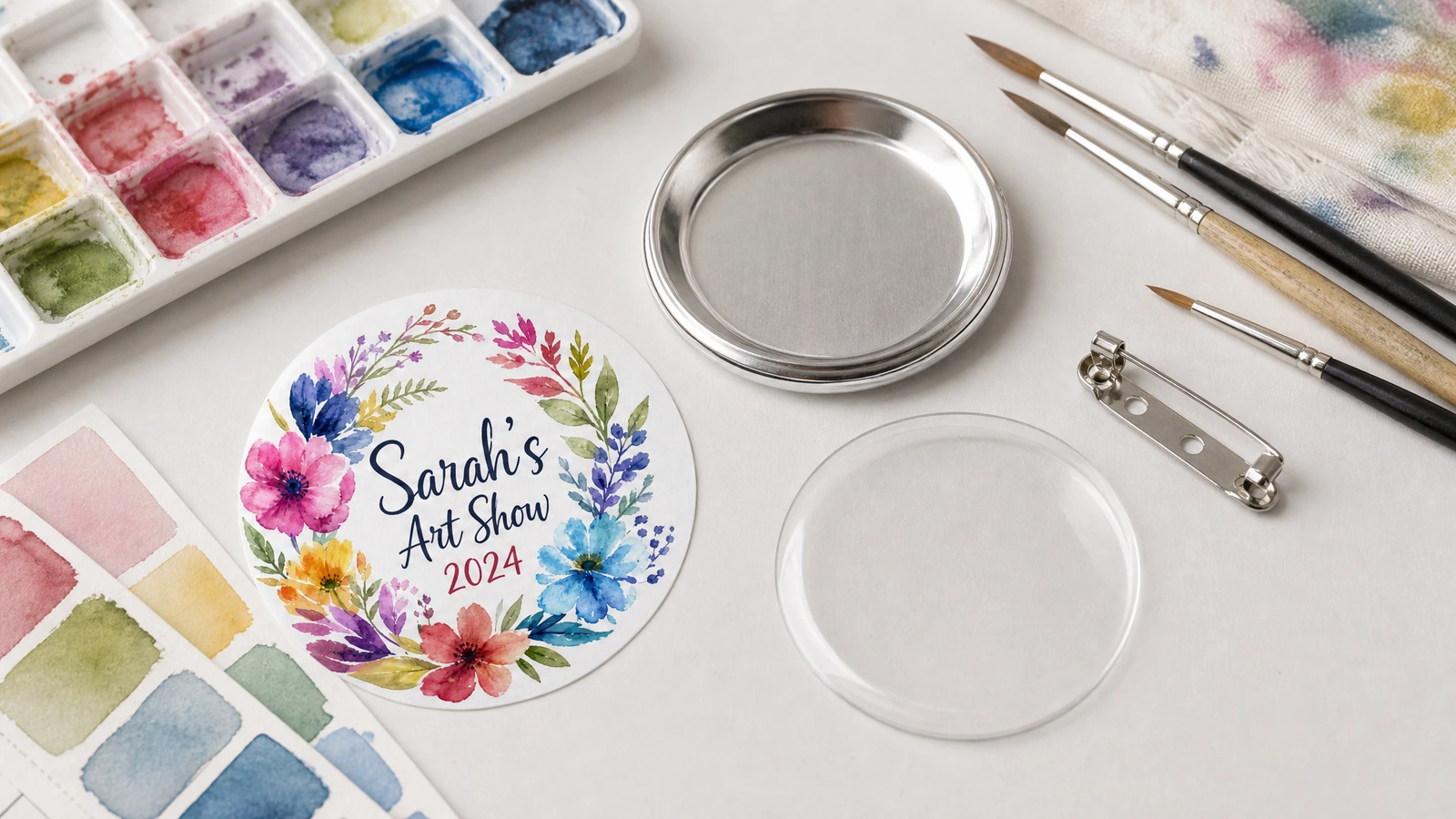 Chapas personalizadas dispuestas para una exposición, programa escolar, recaudación y exhibición de productos de artista