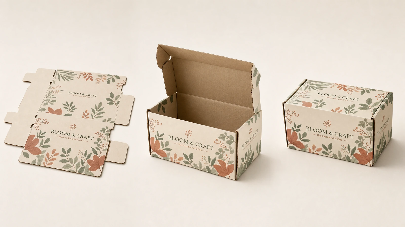 Troquel plano con estampado botánico junto a cajas armadas, abiertas y cerradas
