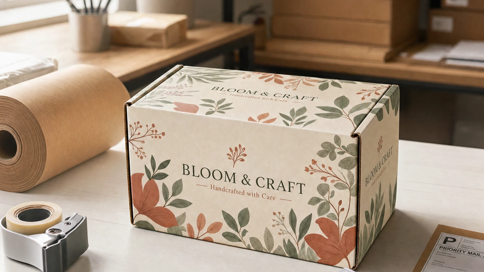 Caja de envío cerrada con estampado botánico junto a papel kraft y un dispensador de cinta adhesiva