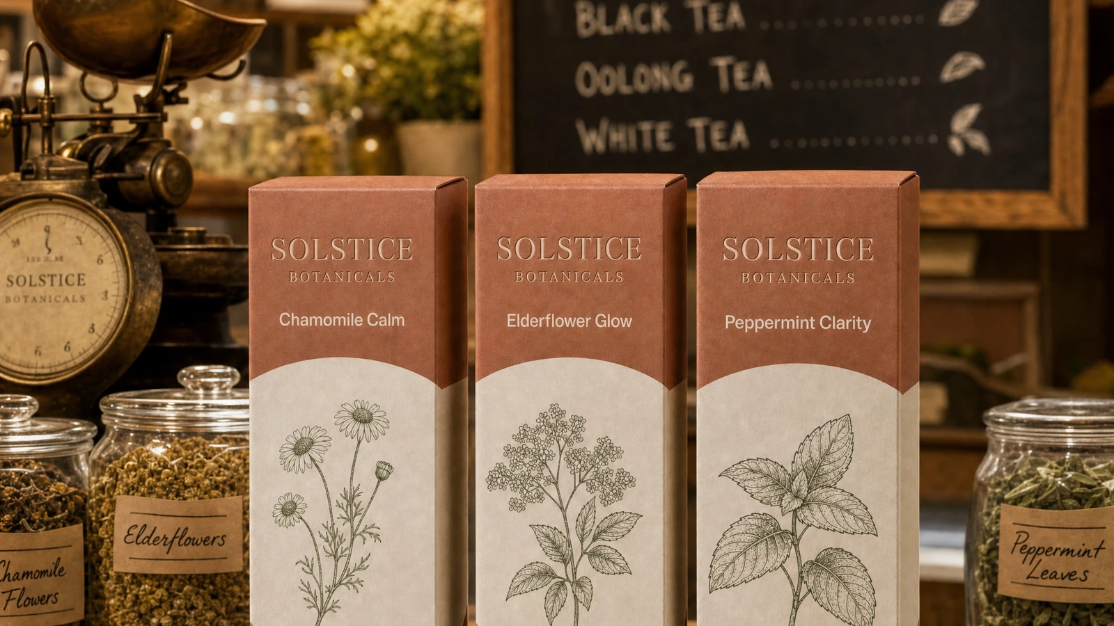 Tres cajas botánicas de té expuestas junto a frascos de vidrio con hierbas secas