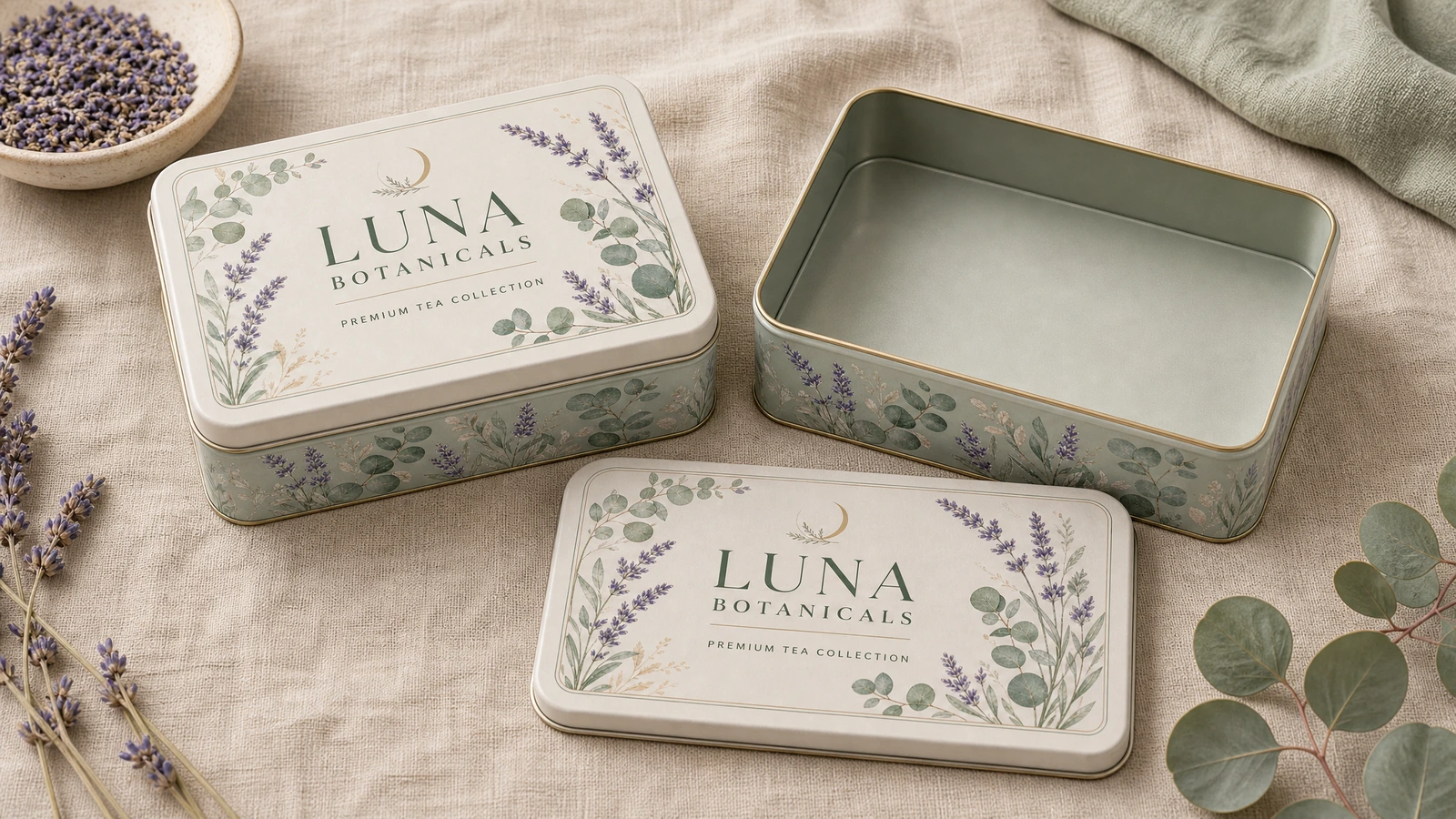 Caja de hojalata personalizada de dos piezas acotada, con indicaciones de holgura interior, solapamiento de tapa, área segura del arte y legibilidad de etiqueta