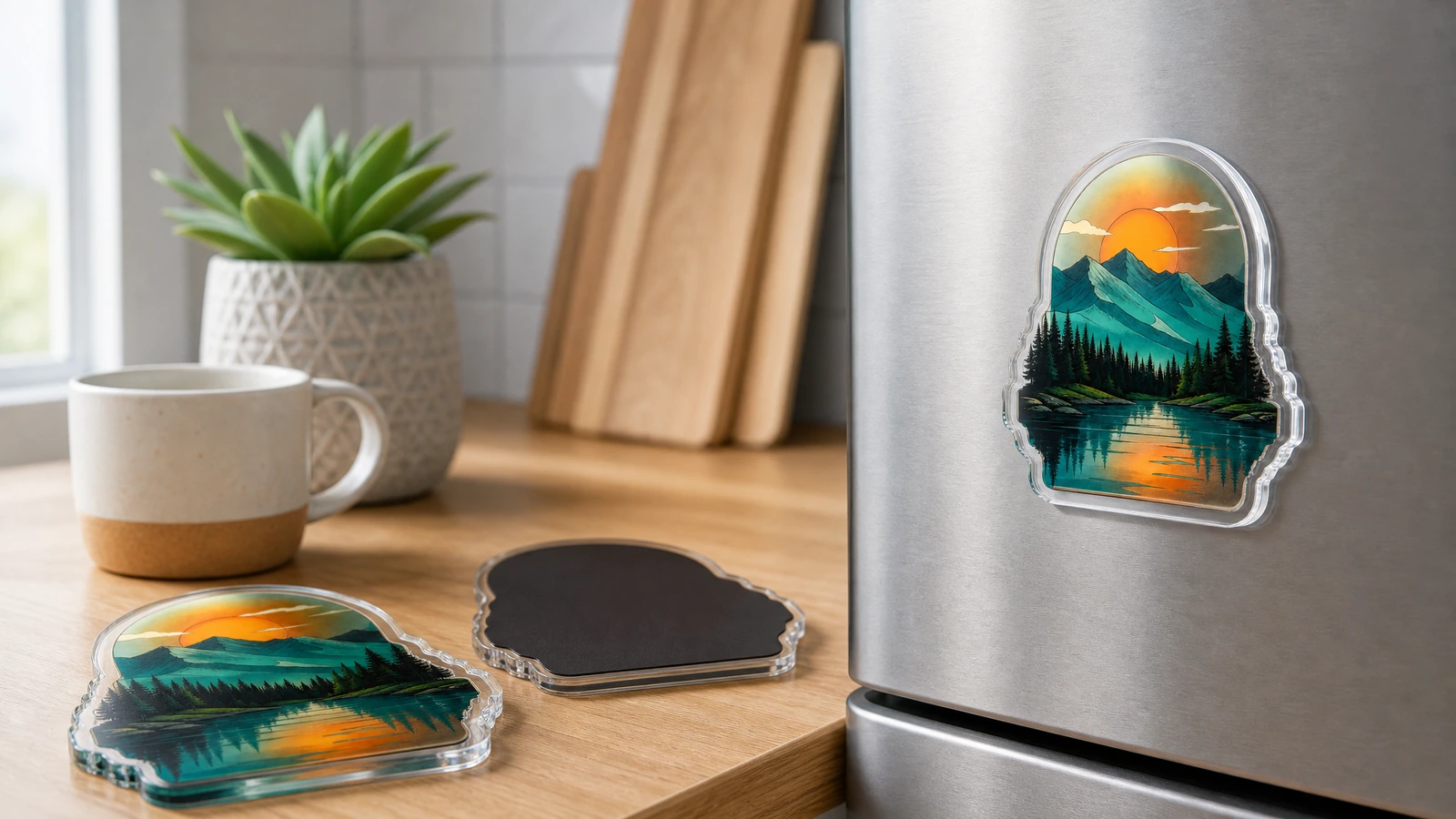 Imán acrílico con vistas frontal, posterior y del refrigerador Imán acrílico apaisado sobre un refrigerador, con ejemplos frontal y posterior sobre la encimera