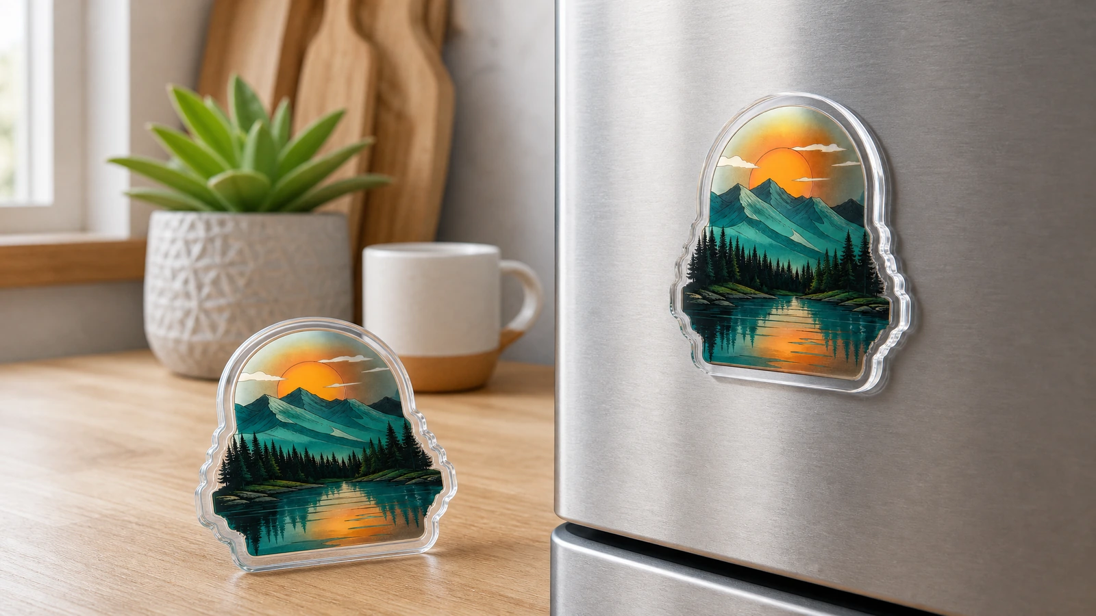 Exhibición de imanes acrílicos apaisados en una cocina Imanes acrílicos apaisados expuestos sobre una encimera y un refrigerador