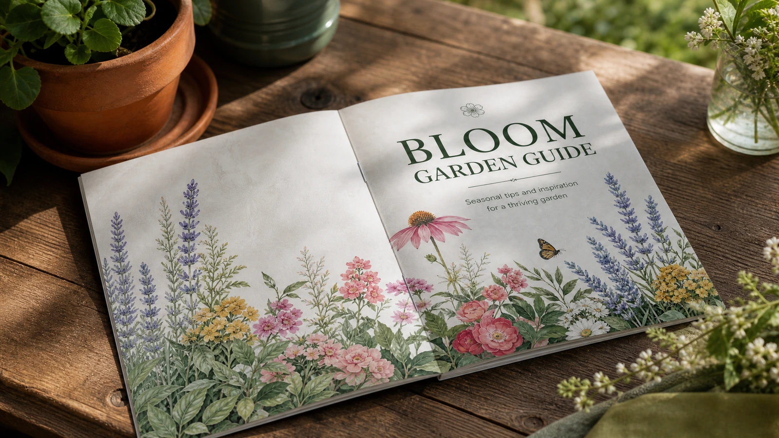 Extensión abierta de la cubierta floral de la guía de jardinería sobre una mesa de madera