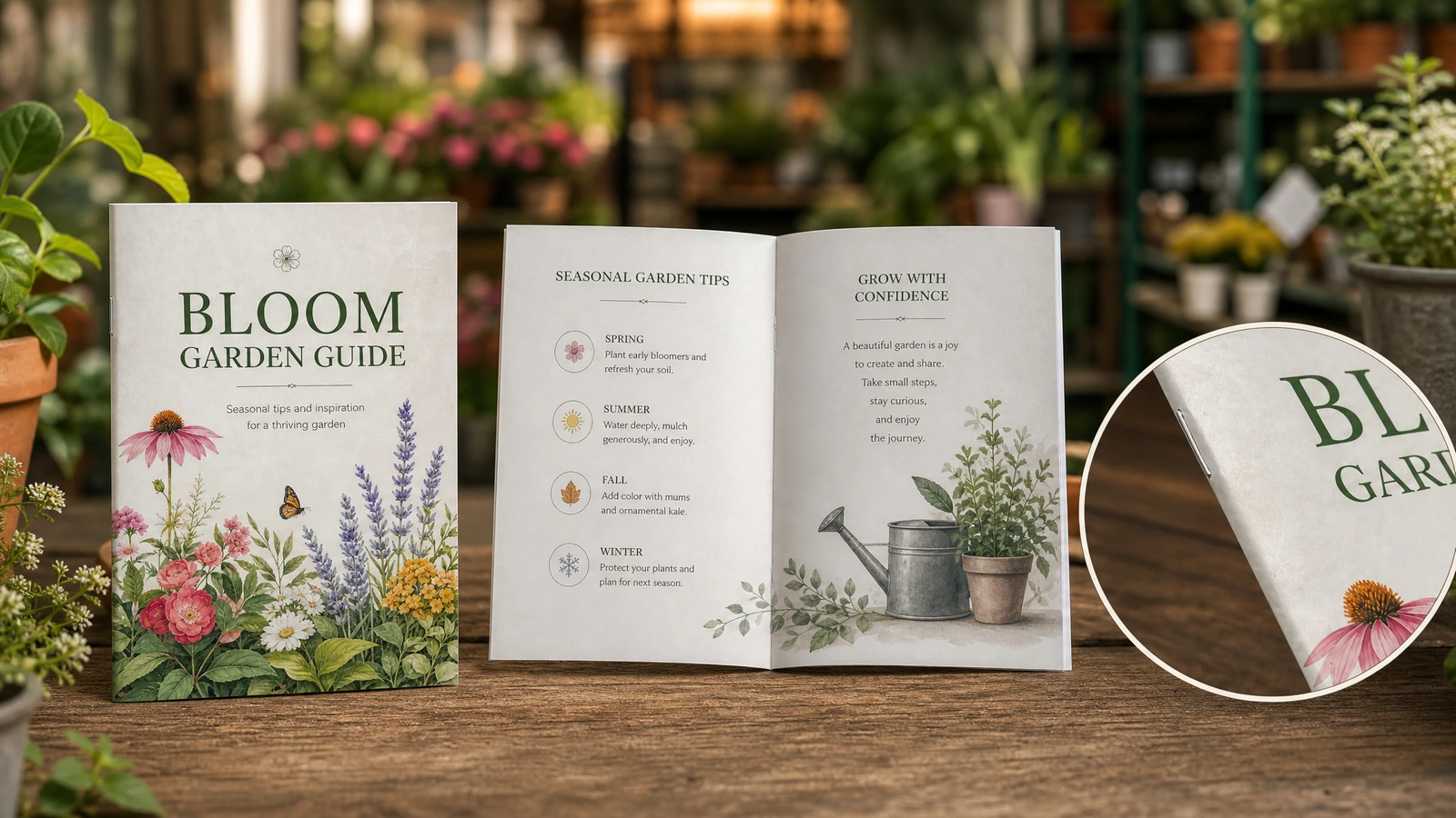Cubierta del folleto de guía de jardinería e interior abierto con un detalle en recuadro del canto de las páginas
