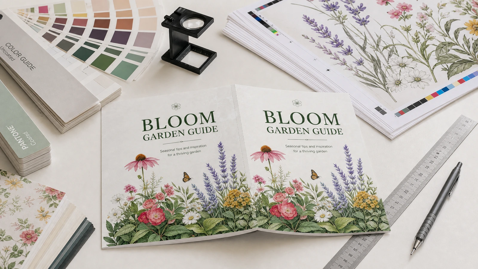 Cubiertas y hojas impresas de la guía de jardinería junto a muestras de color, una regla y un cuentahílos