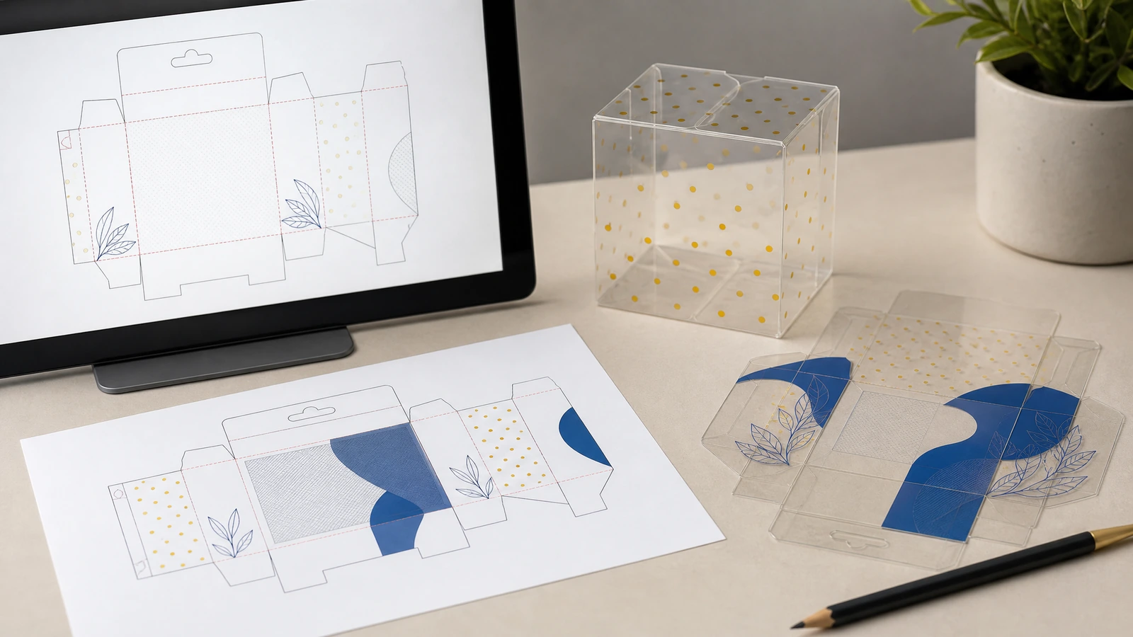 Concepto de preimpresión gráfica con un troquel de caja de PET, áreas transparentes y una prueba montada
