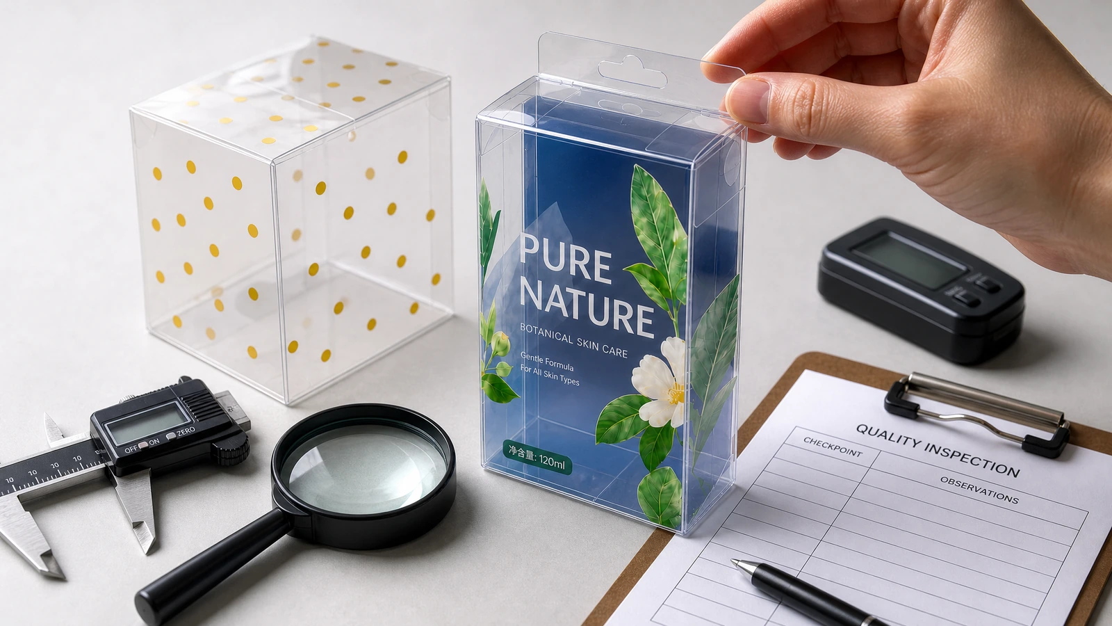 Banco conceptual de inspección con una caja plegable de PET cargada, herramientas de medición y una configuración de comparación con muestra aprobada