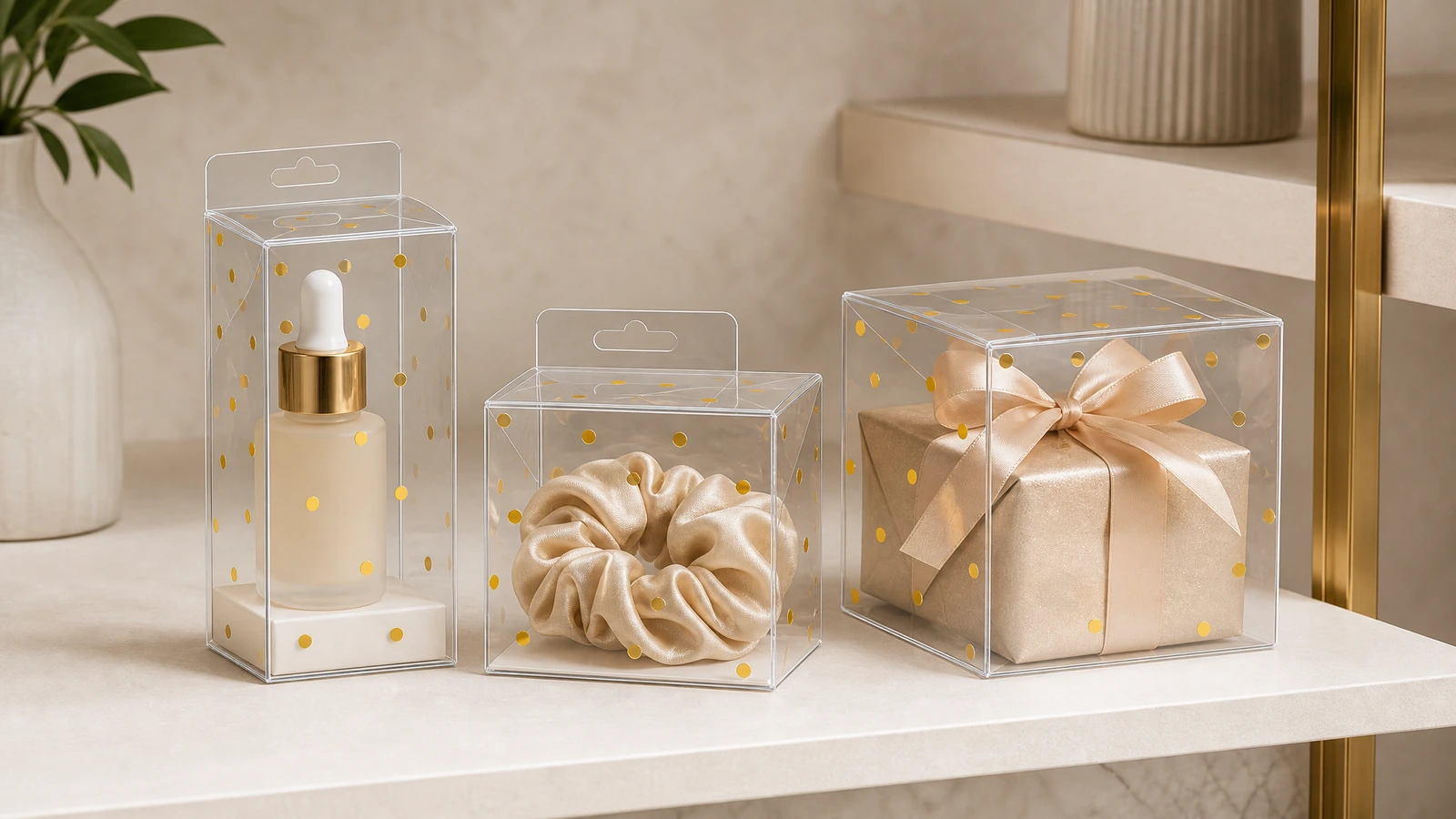 Cajas plegables de PET transparente conceptuales que presentan cosméticos, accesorios y regalos envueltos