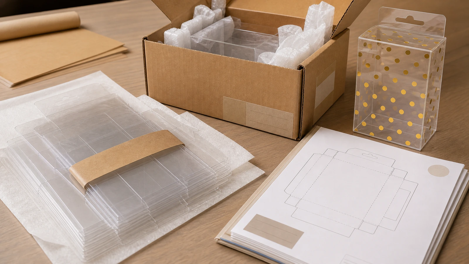 Paquetes conceptuales de cajas plegables de PET, embalaje protector, cartón exterior y muestra conservada para pedidos repetidos