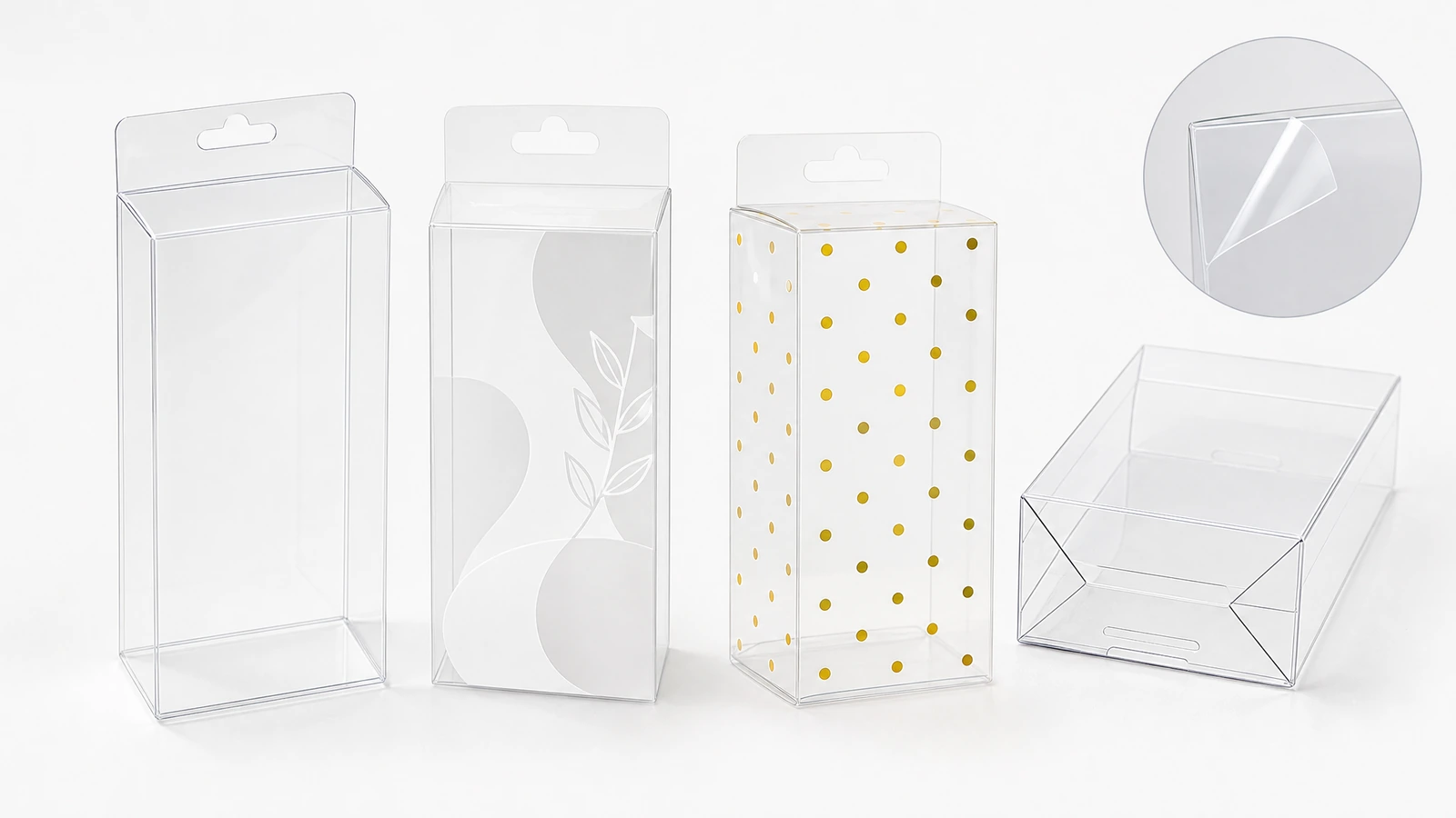 Muestras conceptuales de cajas plegables de PET con paneles transparentes, decoración propuesta y detalles del cierre posterior de solapa