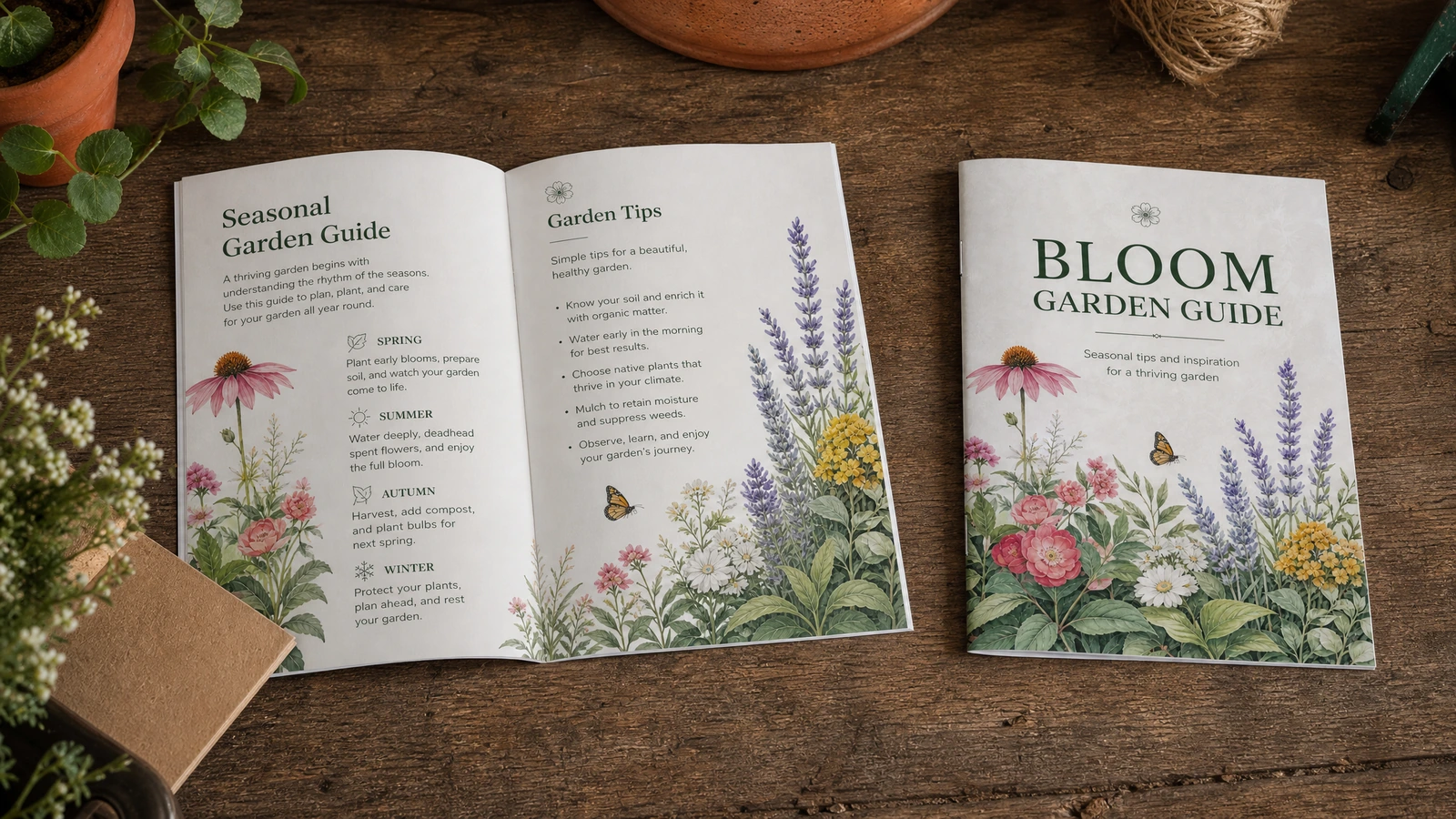 Folleto de guía de jardinería mostrado abierto junto a su cubierta floral sobre una mesa de madera