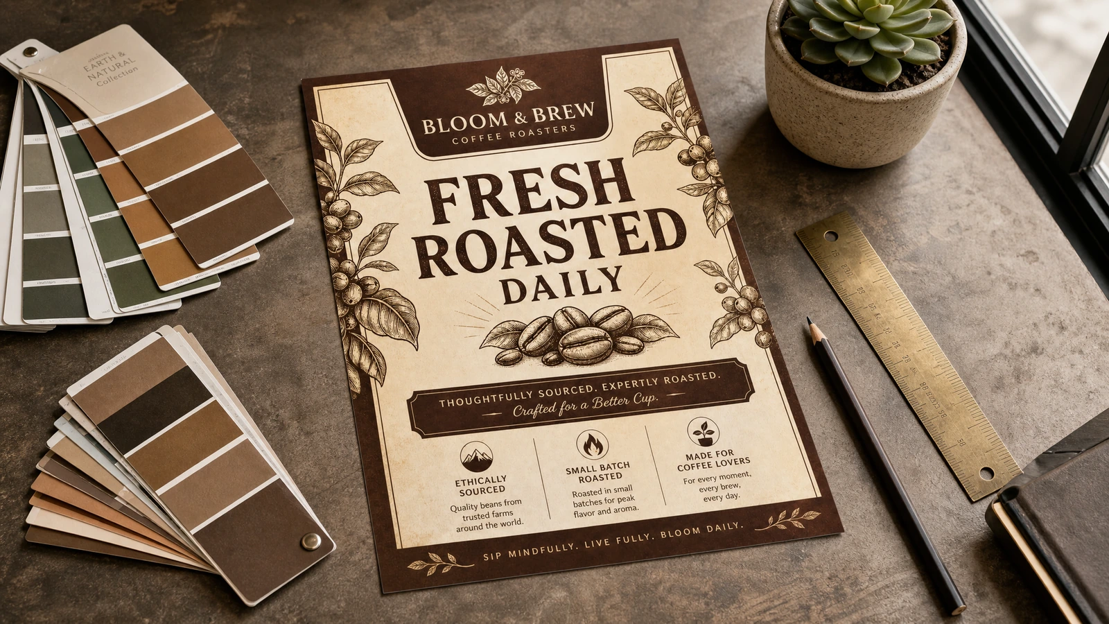 Ilustración de un folleto promocional de café en tonos marrón y crema junto a muestras de color, una regla y lápices