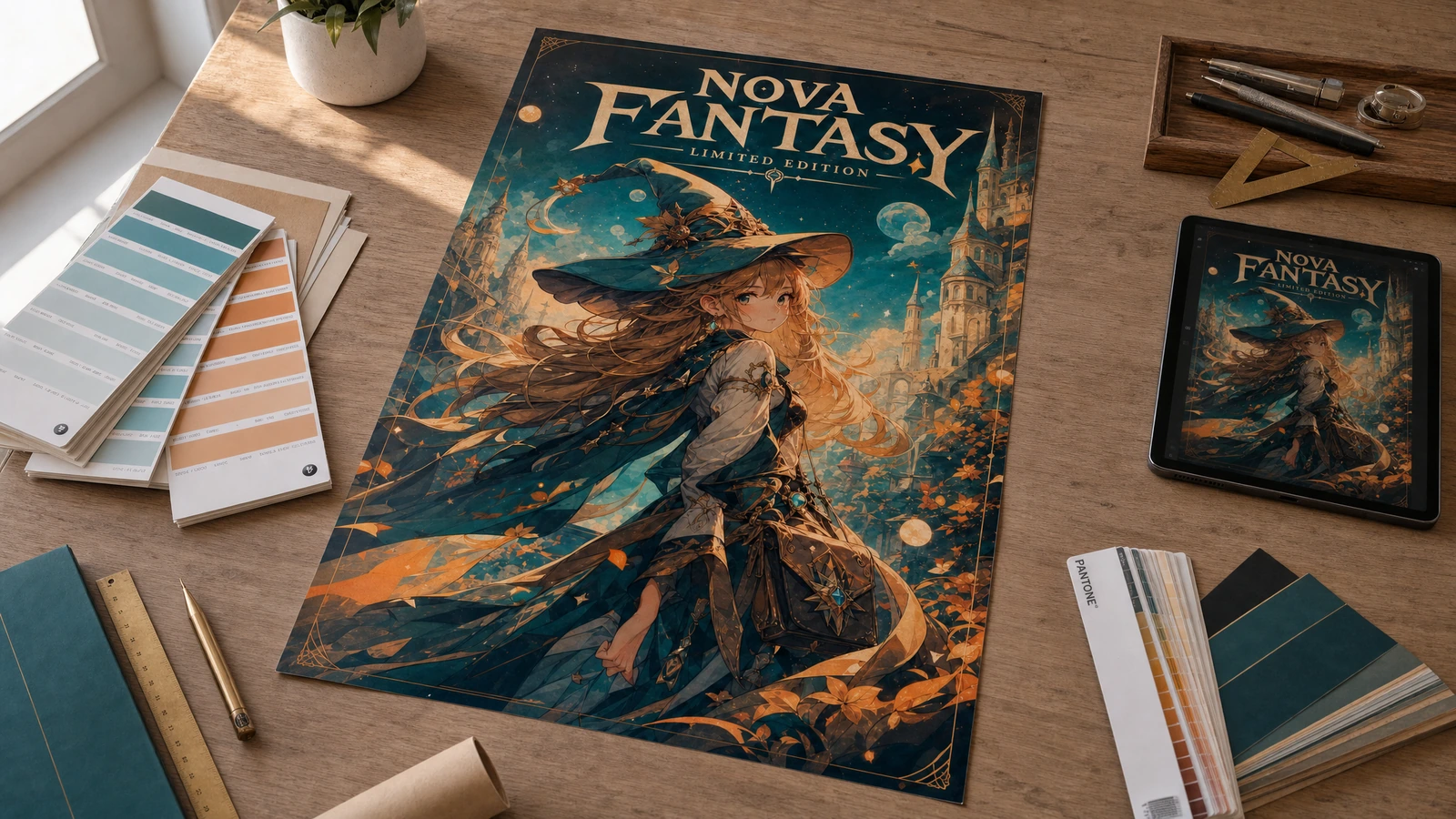 Póster de arte fantástico sobre un escritorio junto a una tableta, muestras de color y herramientas de dibujo