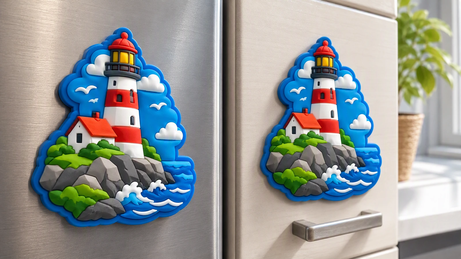 Dos vistas de un imán de faro exhibido en las puertas de un refrigerador